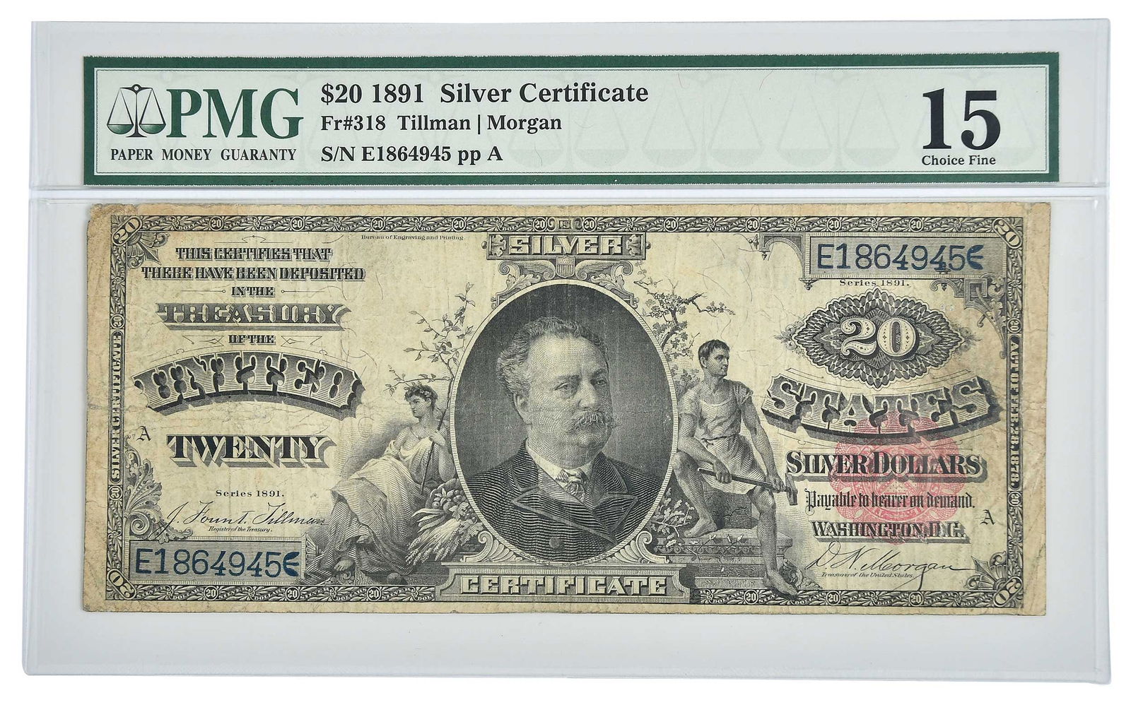 1891 $20 Silver Certificate: Fr. 318, Tillman and Morgan signatures Provenance: Private Collection, Lincolnton, North Carolina