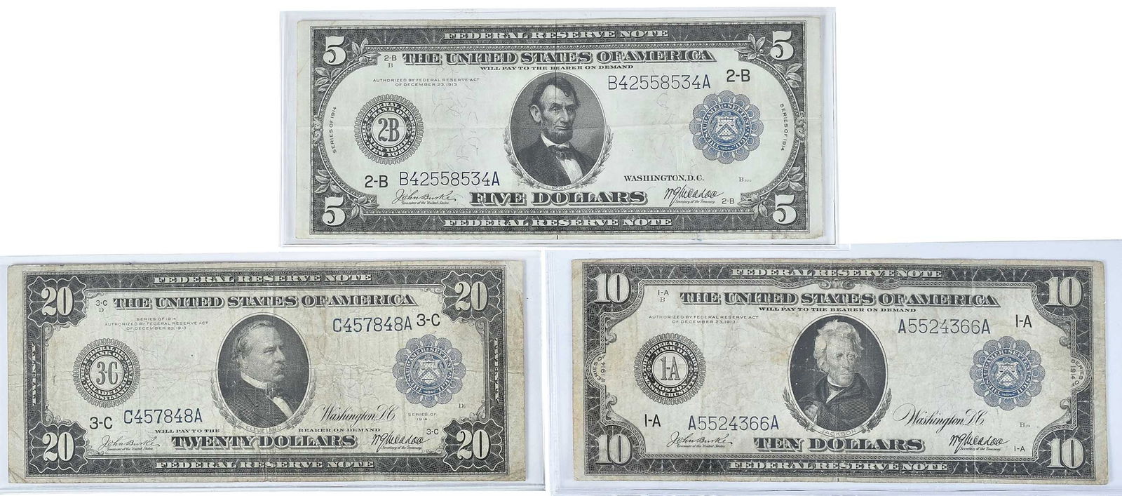 Three 1914 Federal Reserve Notes: $5, $10, and $20: early Federal Reserve Notes Provenance: Private Collection, Lincolnton, North Carolina