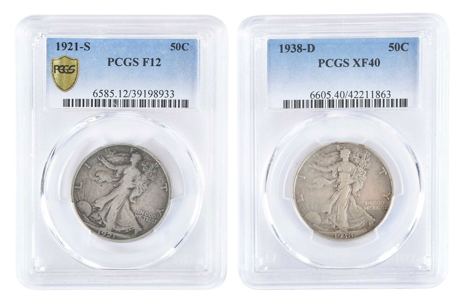 Two Key Date Walking Liberty Half Dollars: 1921-S and 1938-D Provenance: Private Collection, Lincolnton, North Carolina
