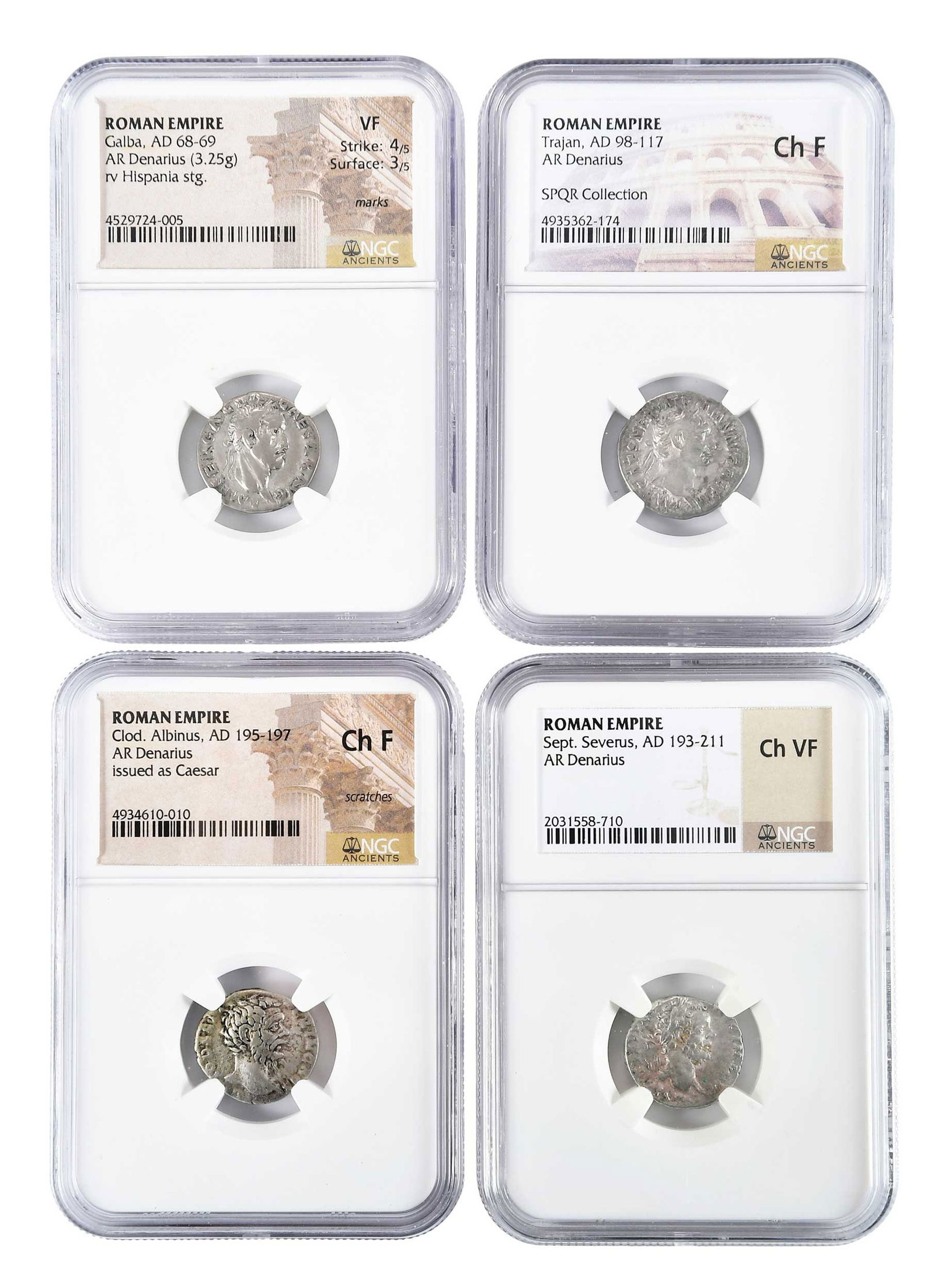 [Roman Empire, 1st & 2nd Century] Group of Four Coins: Galba denarius; Trajan denarius; Clodius Albinus denarius; Septimius Severus denarius Provenance: Private Collection, Lincolnton, North Carolina