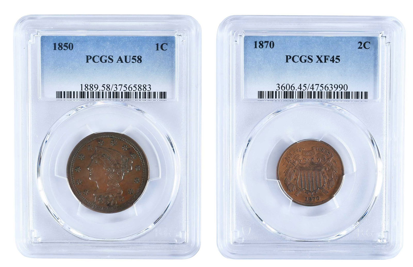 Large Cent and Two Cent Piece: 1850 large cent paired with an 1870 two cent piece Provenance: Private Collection, Lincolnton, North Carolina