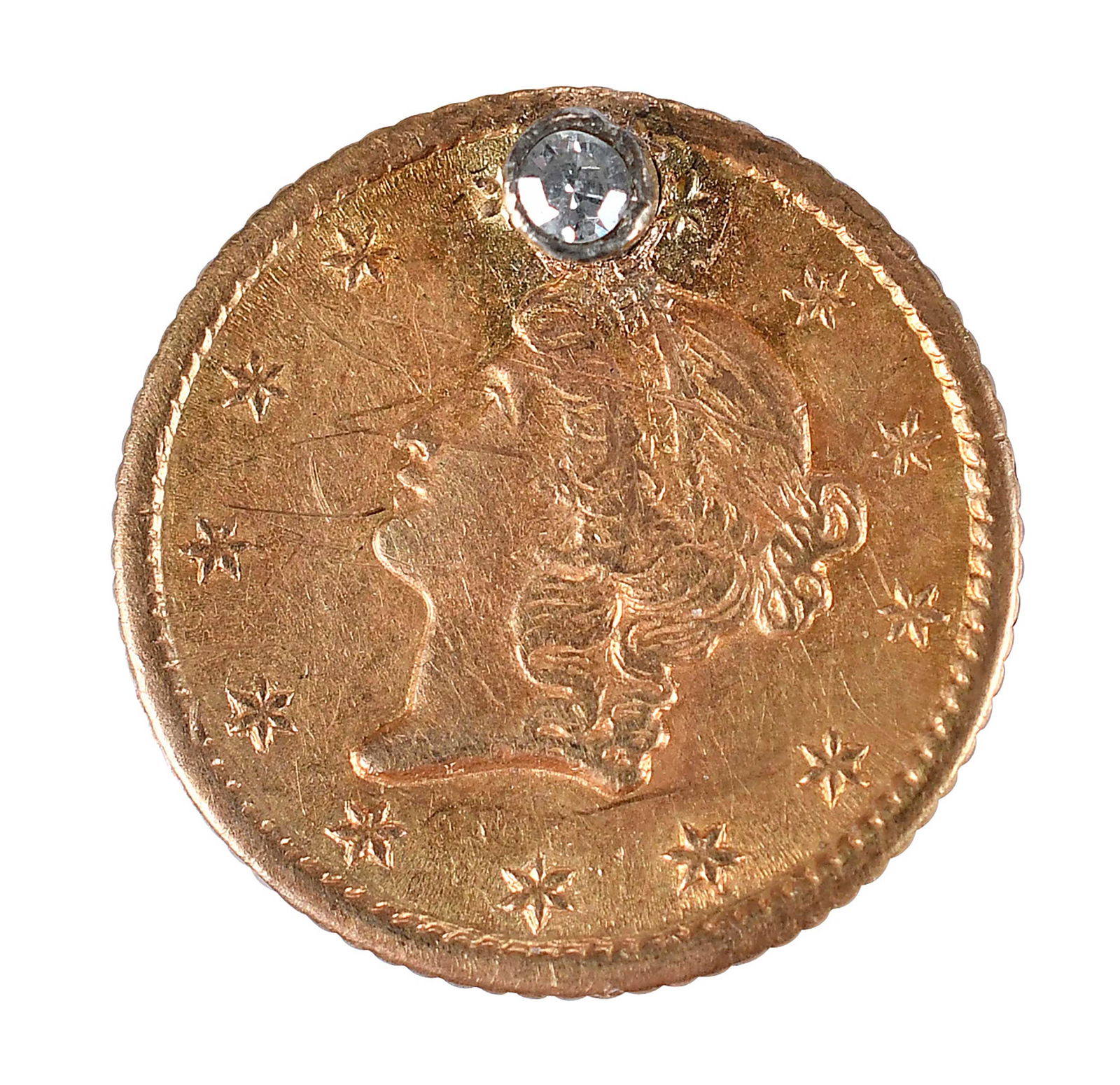 Gold Dollar "Love Token" with Mounted Clear Stone (1 of 2)