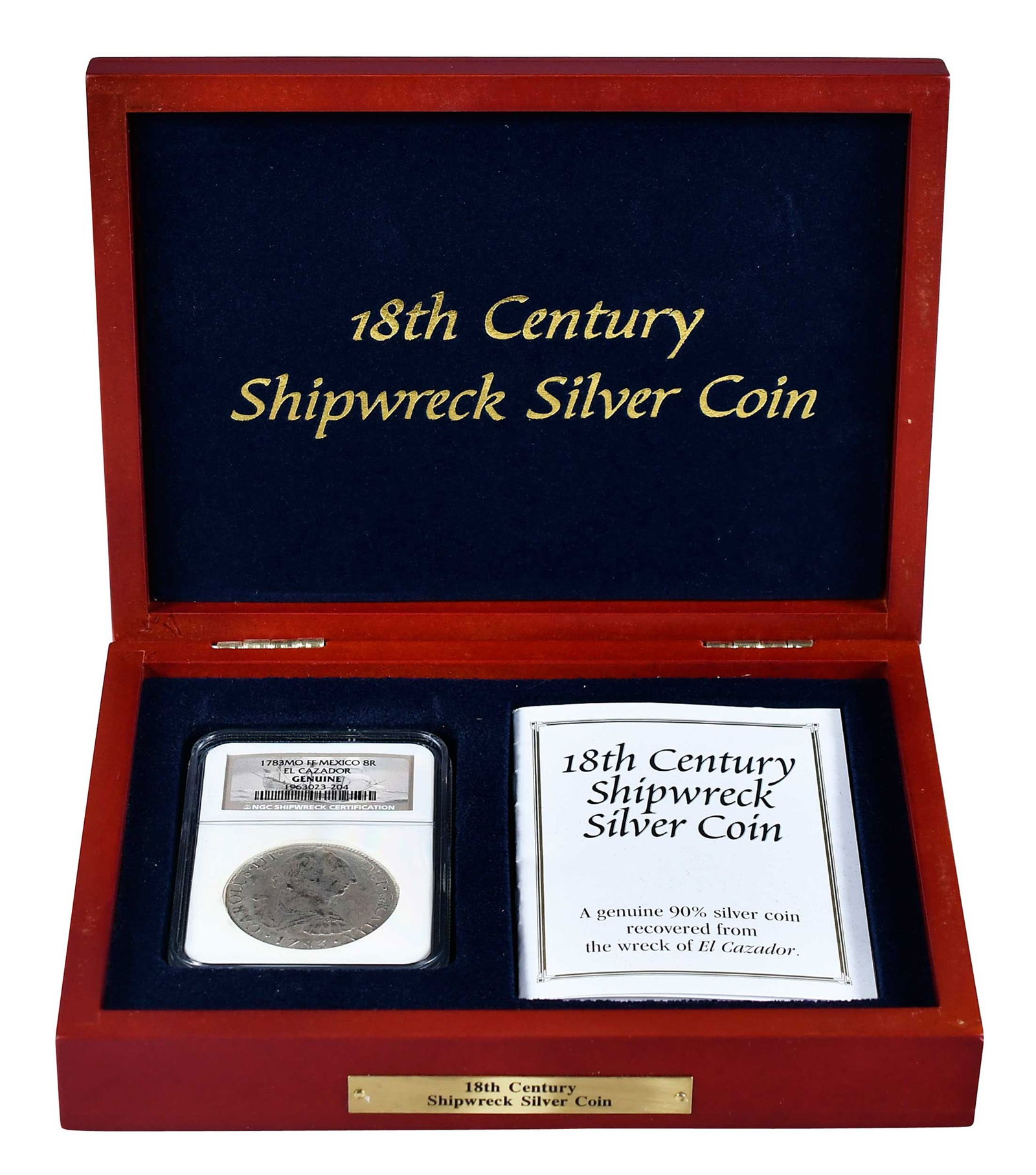 El Cazador Shipwreck Eight Reales Coin: 1783 Mexico City Mint eight reales from shipwreck El Cazador; in wooden box, overall 5-1/2 x 7-1/2 x 1-3/4 in.Provenance: Private Collection, Lincolnton, North Carolina