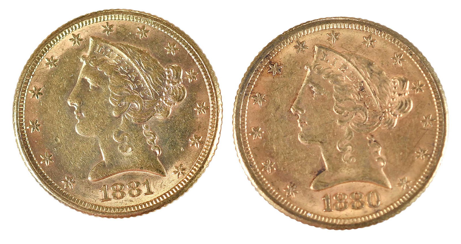 Two Liberty Head $5 Gold Coins: 1880 & 1881 (1 of 2)