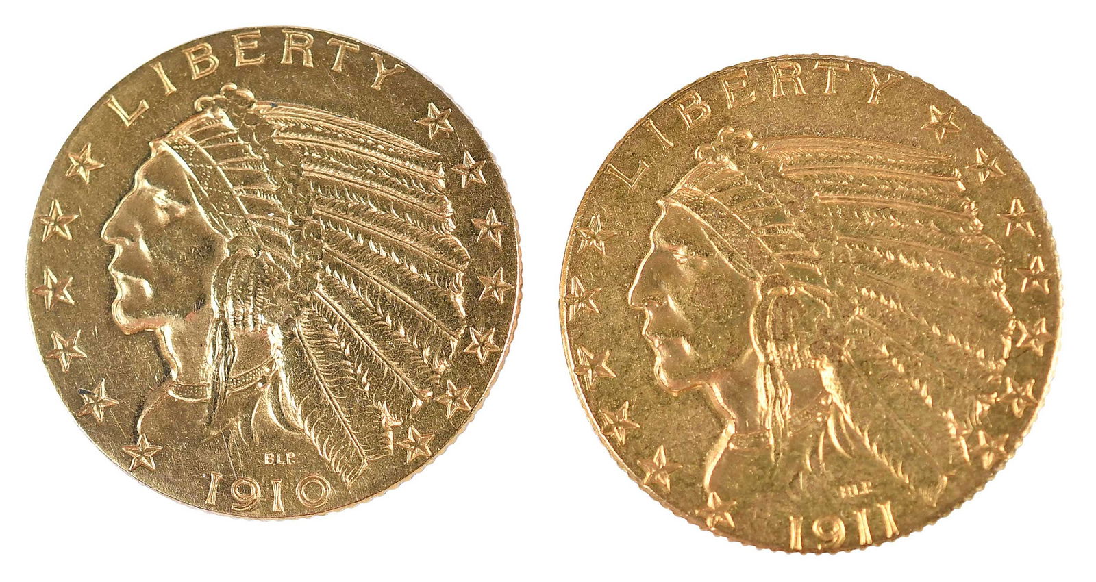 Two Indian Head $5 Gold Coins: 1910 & 1911: Indian head design, Philadelphia MintProvenance: Private Collection, Lincolnton, North Carolina
