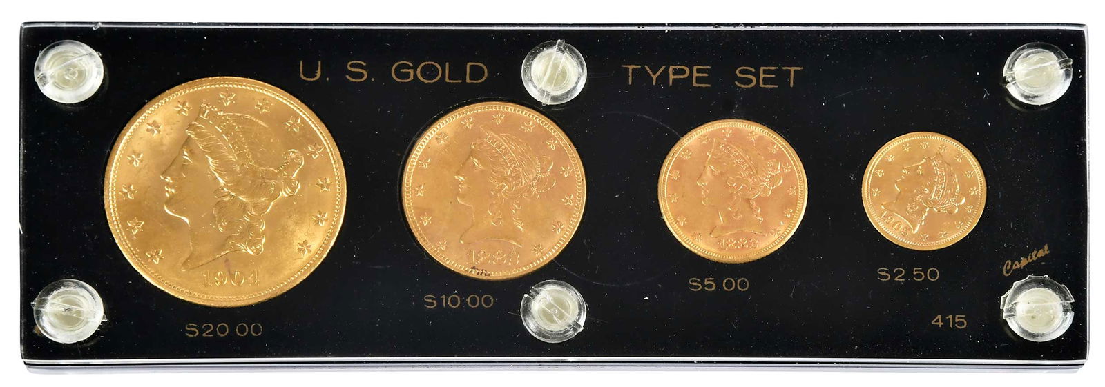 U.S. Gold Type Set: Liberty head design $20, $10, $5, and $2-1/2; in Capital Plastics holder 