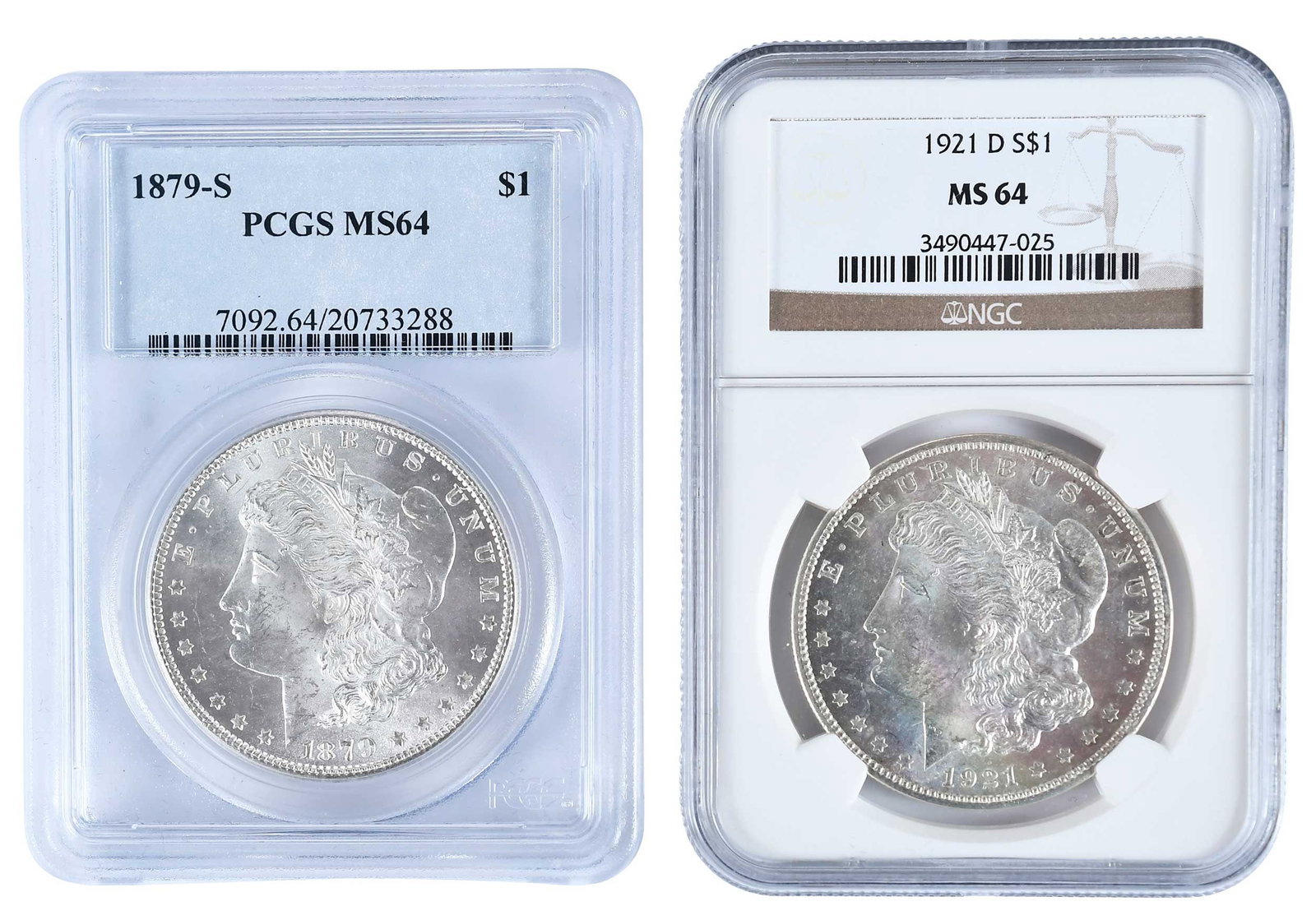 1879-S and 1921-D Morgan Dollars, MS64: a pair of early and late date Morgan dollars Provenance: Private Collection