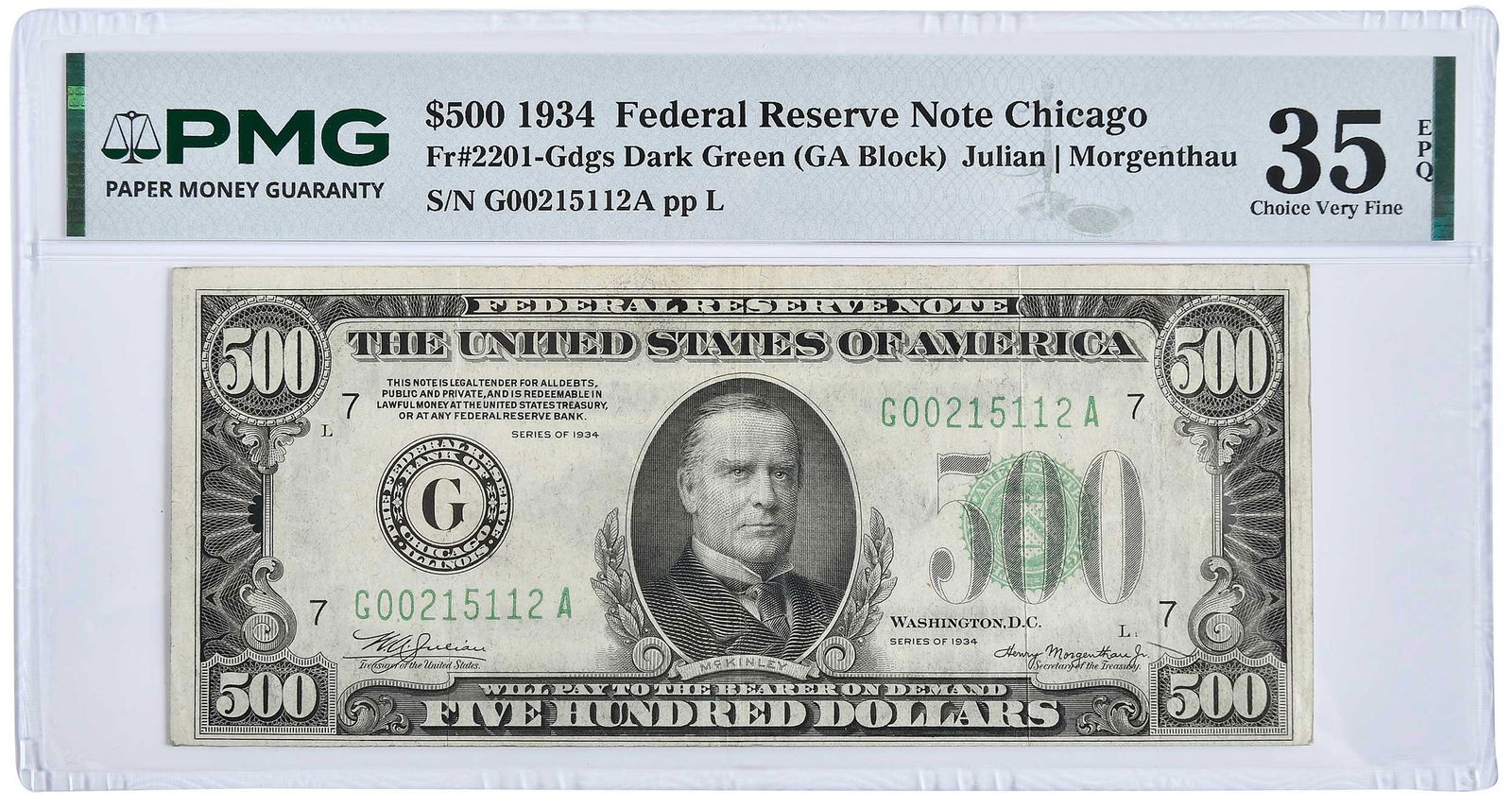 1934 $500 Federal Reserve Note: Fr. 2201-G, dark green, GA block, Chicago, Julian and Morgenthau signatures Provenance: Private Collection, Lincolnton, North Carolina