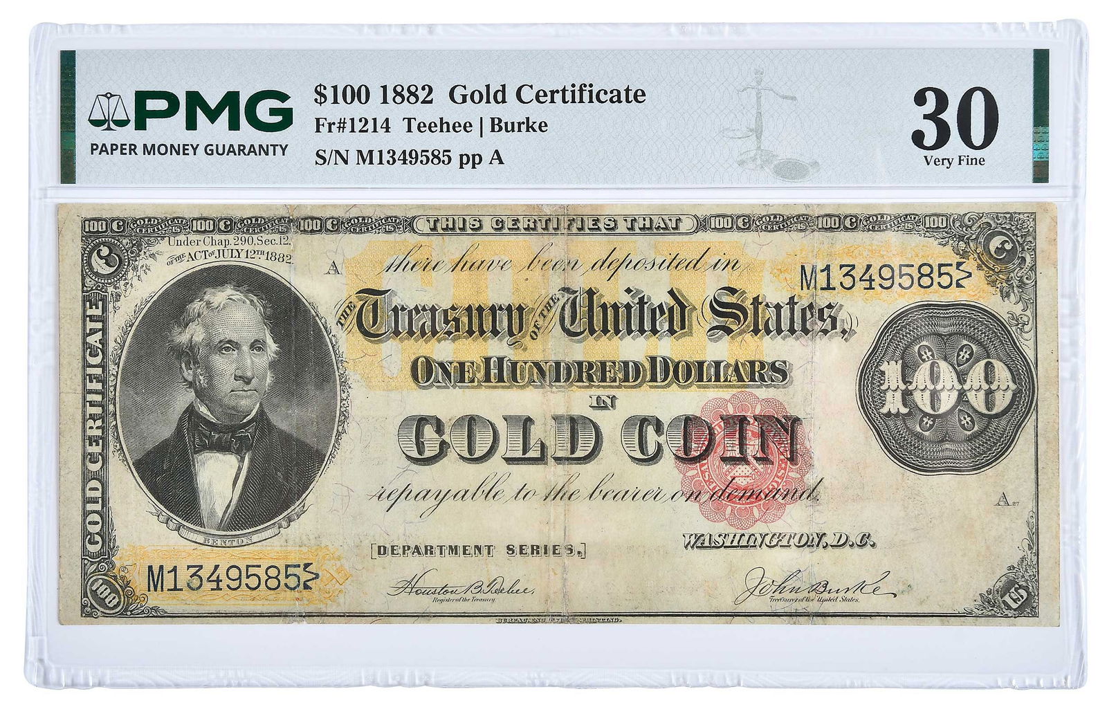 1882 $100 Gold Certificate: Fr. 1214, Teehee and Burke signatures Provenance: Private Collection, Lincolnton, North Carolina