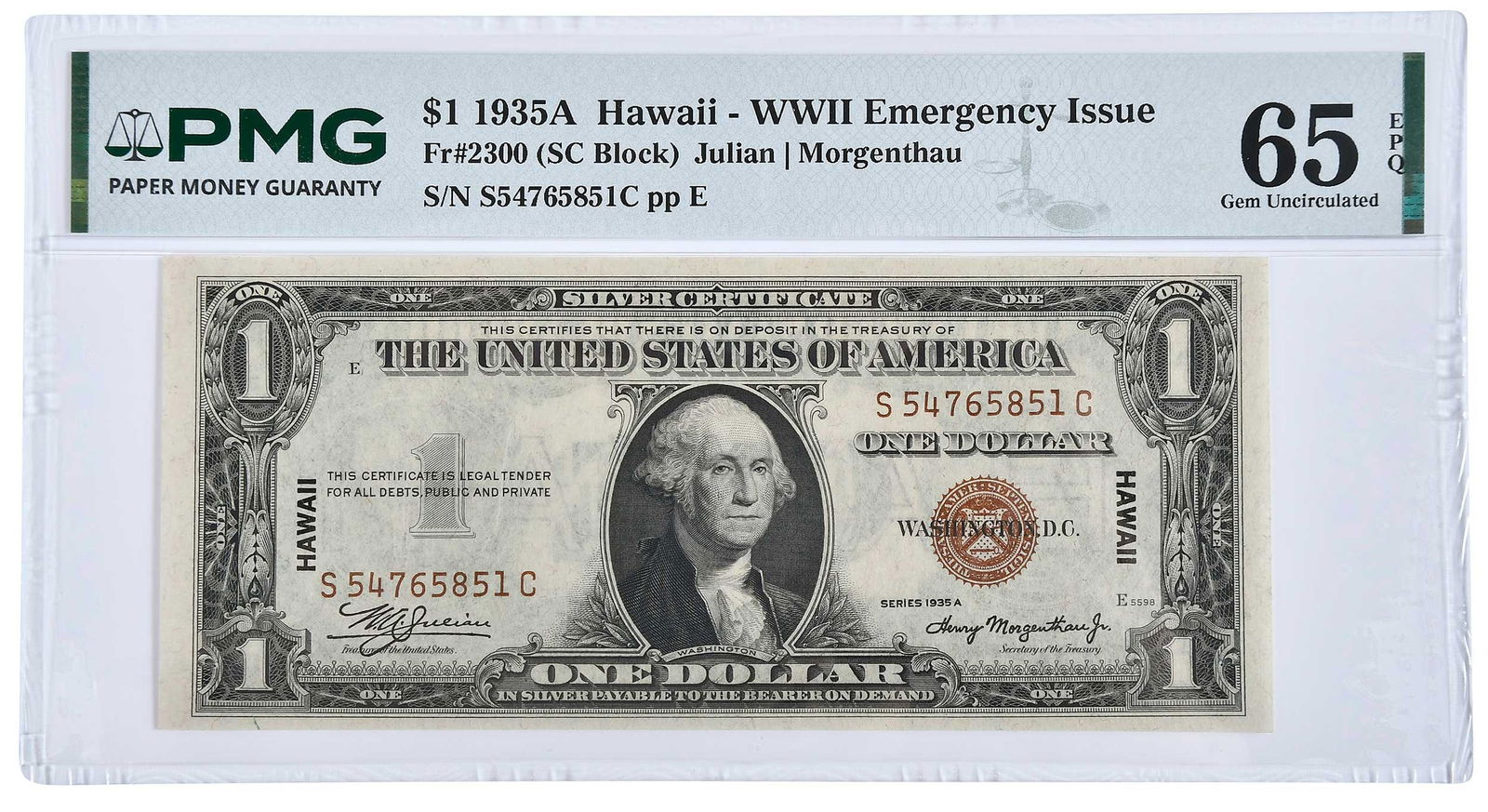 1935-A Hawaii Emergency Issue $1: Fr. 2300, SC block, Julian and Morgenthau signatures Provenance: Private Collection, Lincolnton, North Carolina