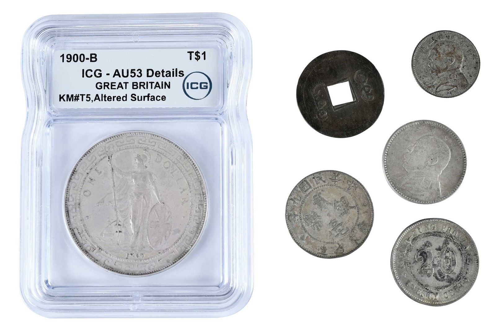 British Trade Dollar and Group of Chinese Coins: 25 coins total: 1900-B (Bombay) British trade dollar; 12 Kwang Tung 20 cent coins; four Yuan Shih Kai "Fat Man" 20 cent [2 Jiao] coins; four Yuan Shih Kai "Fat Man" 10 cent [1 Jiao] coins; four assort