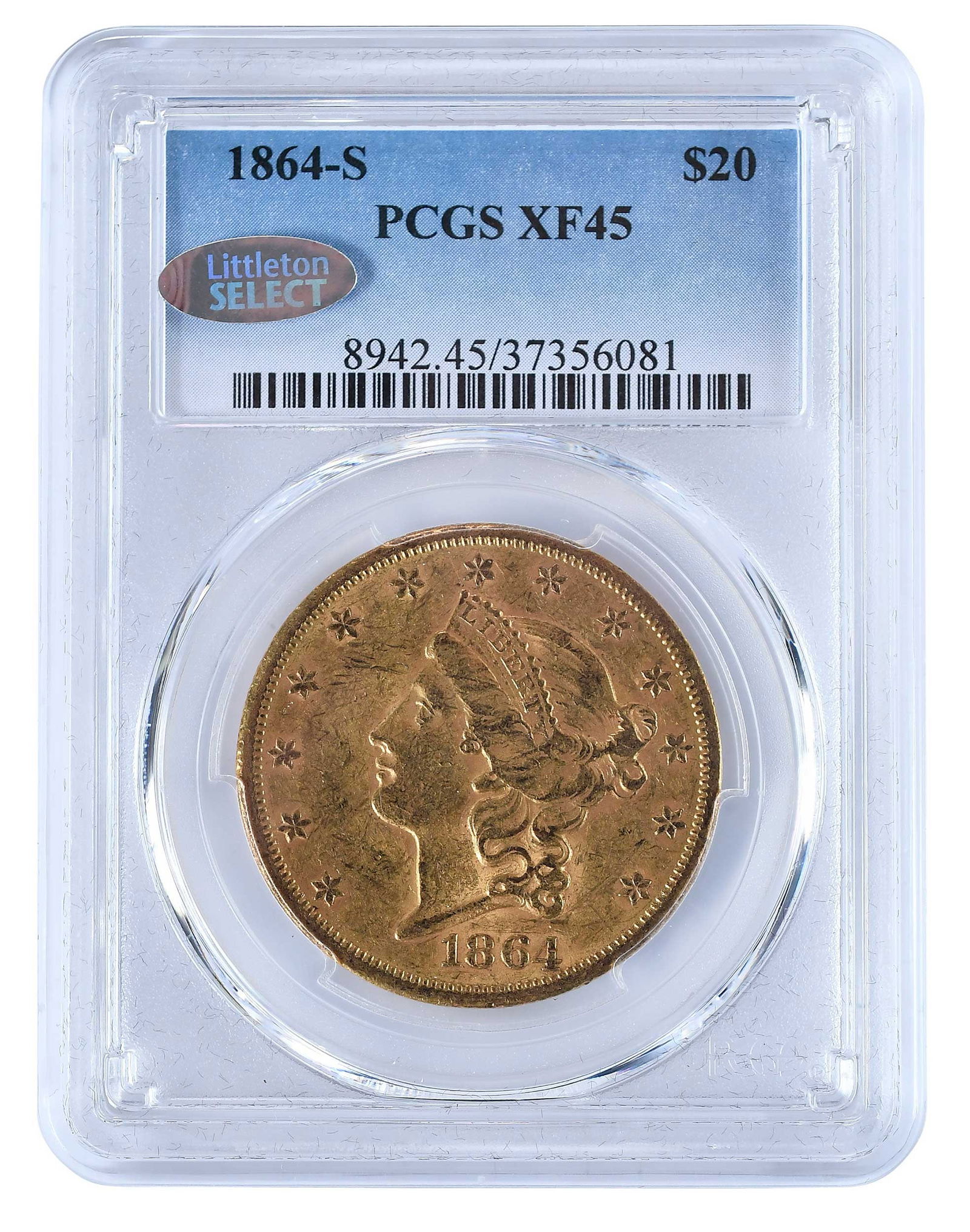 1864-S Liberty Head $20 Double Eagle Gold Coin: popular Civil War date from San Francisco Mint Provenance: Private Collection, Lincolnton, North Carolina
