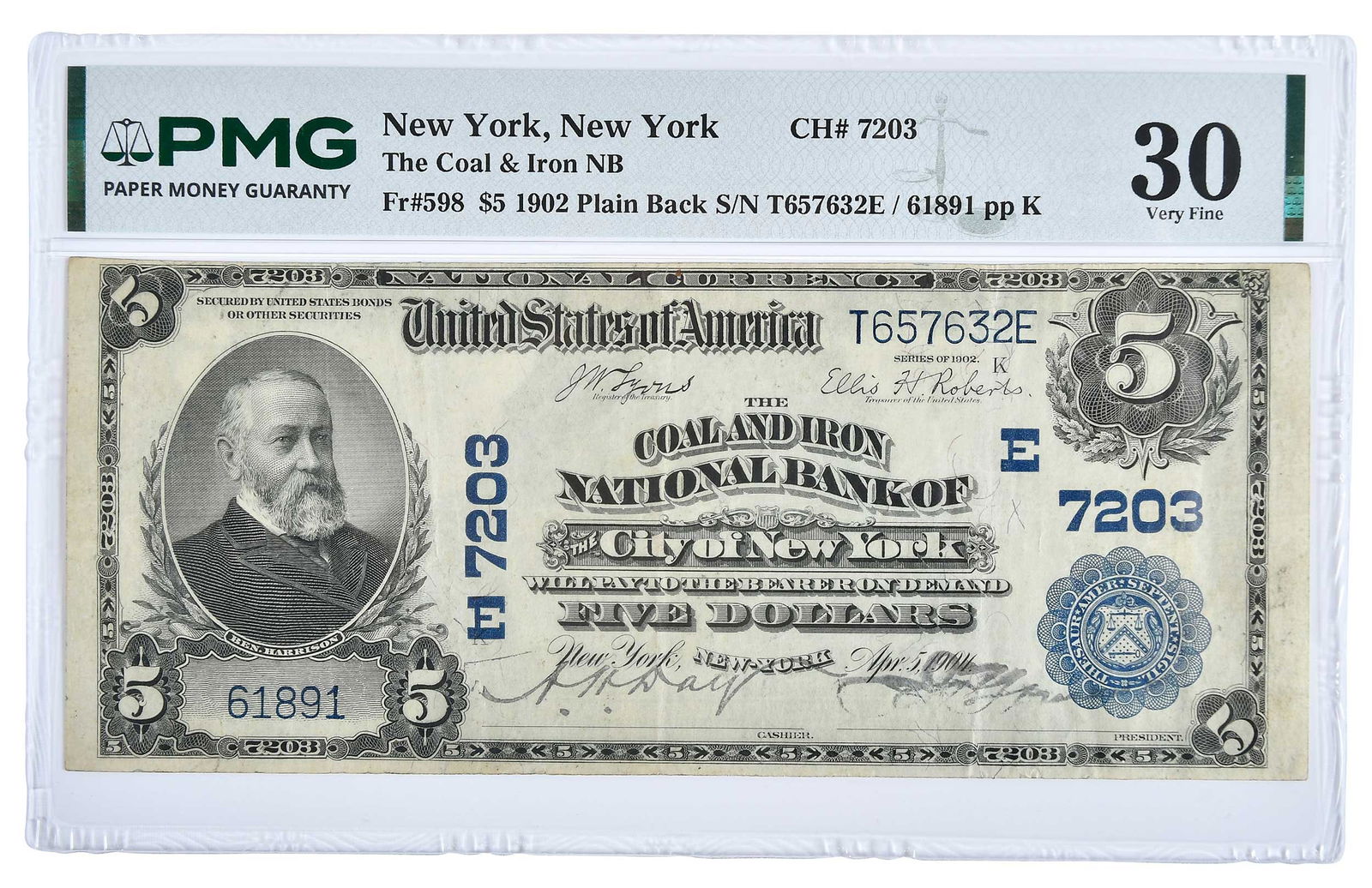 1902 Coal and Iron National Bank of New York $5: Fr. 598, plain back, charter #7203, Lyons and Roberts signatures Provenance: Private Collection, Lincolnton, North Carolina