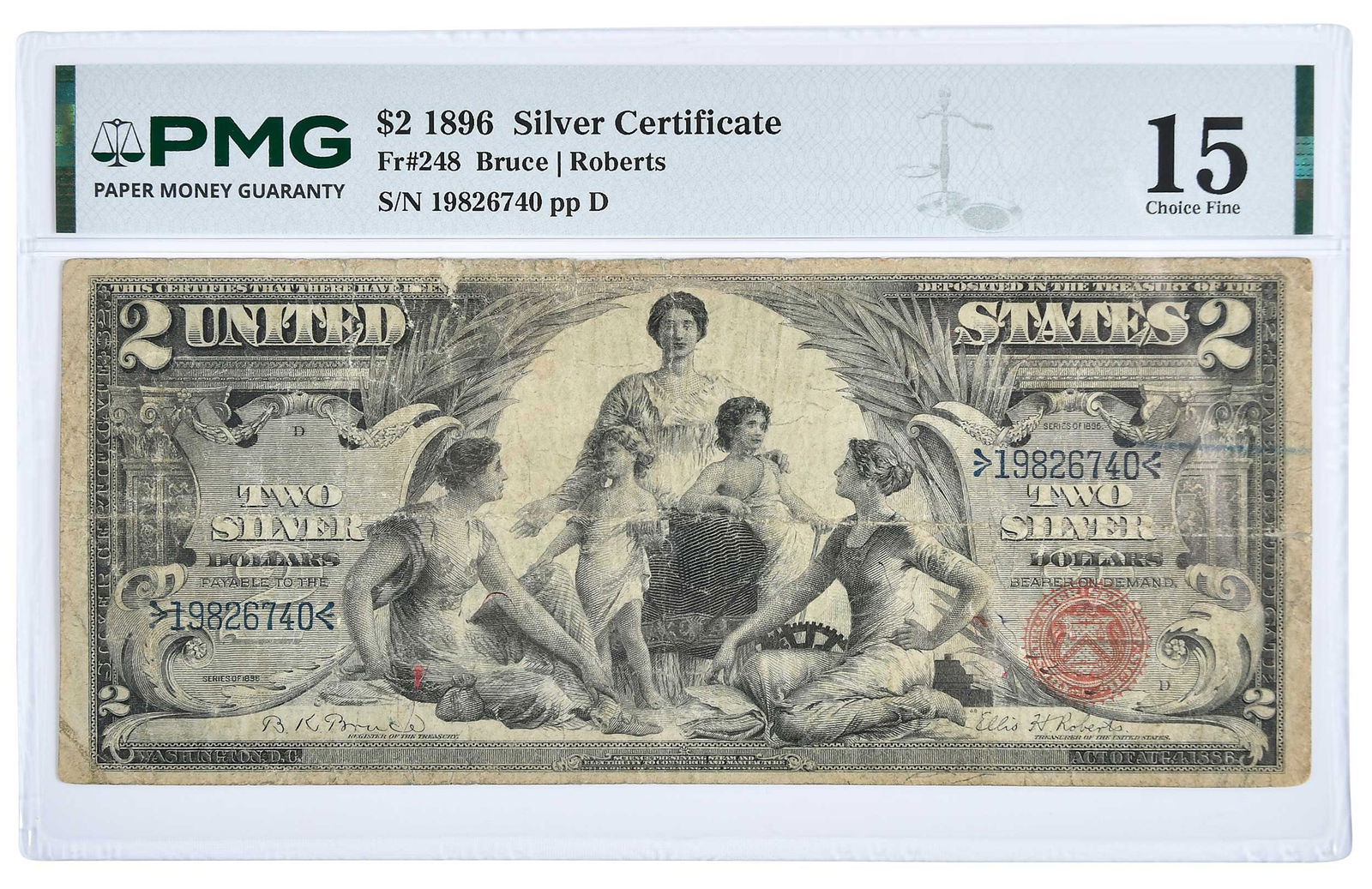 1896 Educational $2 Silver Certificate: Fr. 248, Bruce and Roberts signatures Provenance: Private Collection, Lincolnton, North Carolina