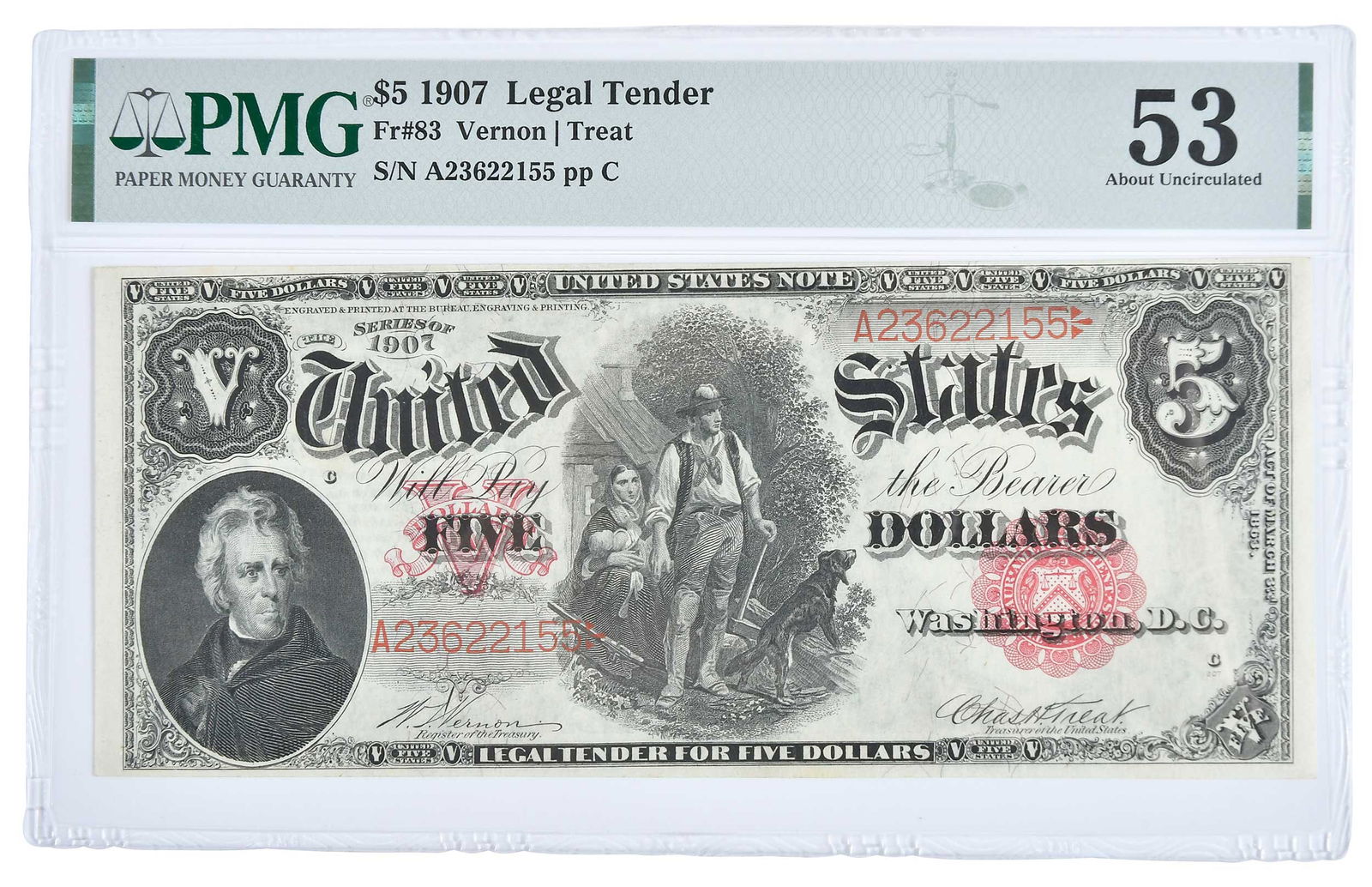 1907 Woodchopper $5 Legal Tender: Fr. 83, Vernon and Treat signatures Provenance: Private Collection, Lincolnton, North Carolina
