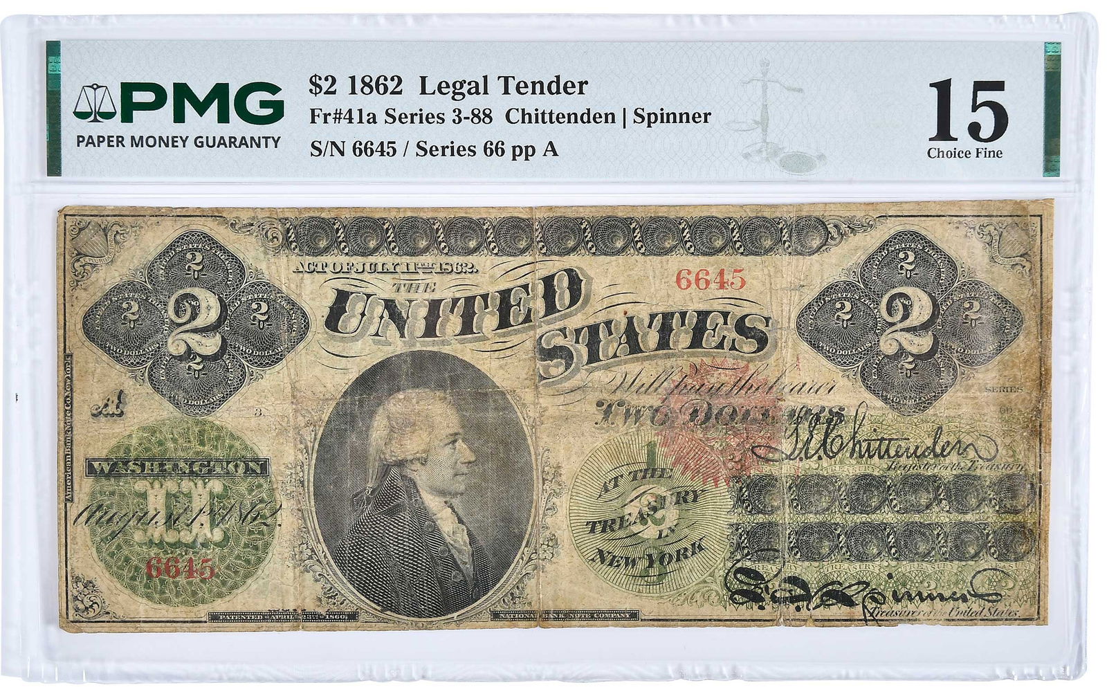 1862 $2 Legal Tender: Fr. 41a, series 66, Chittenden and Spinner signatures Provenance: Private Collection, Lincolnton, North Carolina