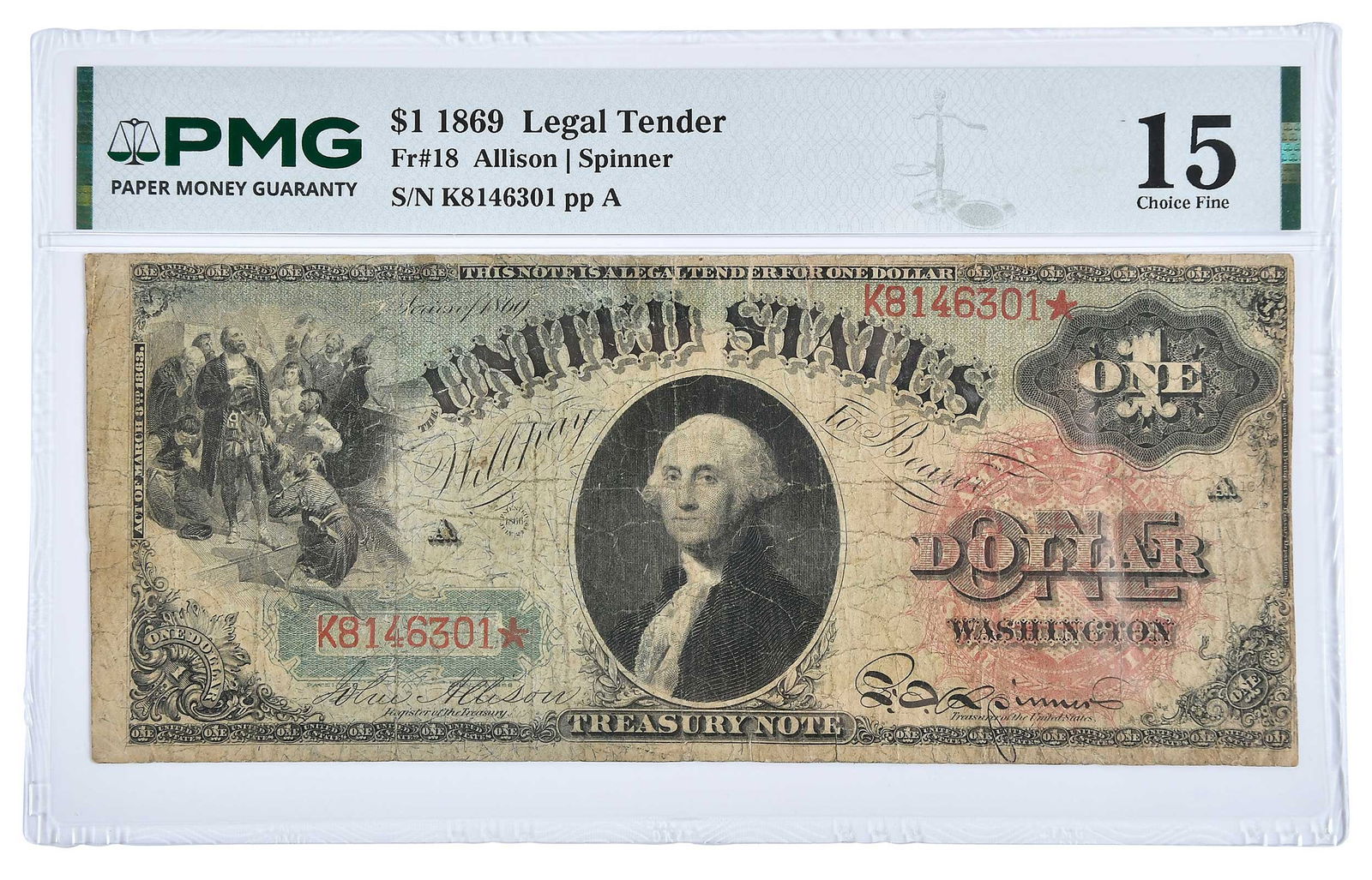 1869 Rainbow $1 Legal Tender: Fr. 18, Allison and Spinner signatures Provenance: Private Collection, Lincolnton, North Carolina