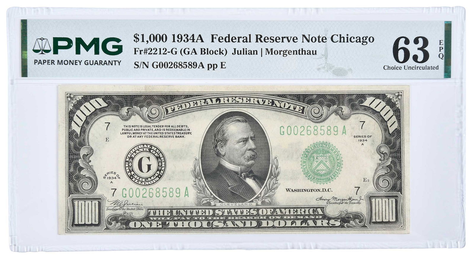 1934-A $1000 Federal Reserve Note: Fr. 2212-G, GA block, Chicago, Julian and Morgenthau signatures Provenance: Private Collection, Lincolnton, North Carolina