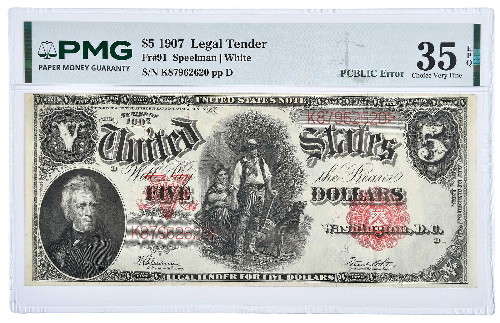 1907 Woodchopper $5 Legal Tender, "PCBLIC" Error: Fr. 91, Speelman and White signatures Provenance: Private Collection, Lincolnton, North Carolina
