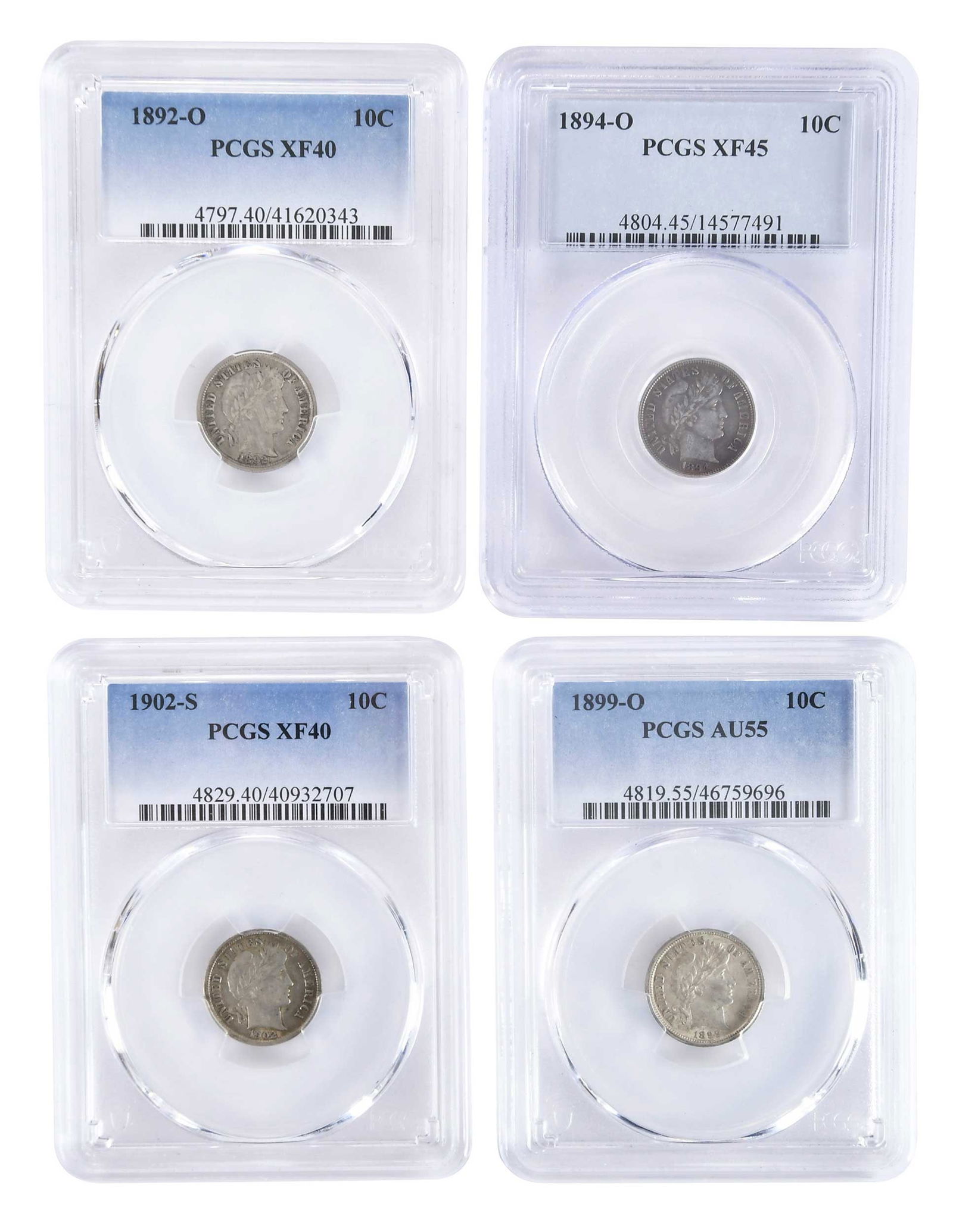 Four Graded Barber Dimes: 1892-O, 1894-O, 1899-O, and 1902-S Provenance: Private Collection, Lincolnton, North Carolina