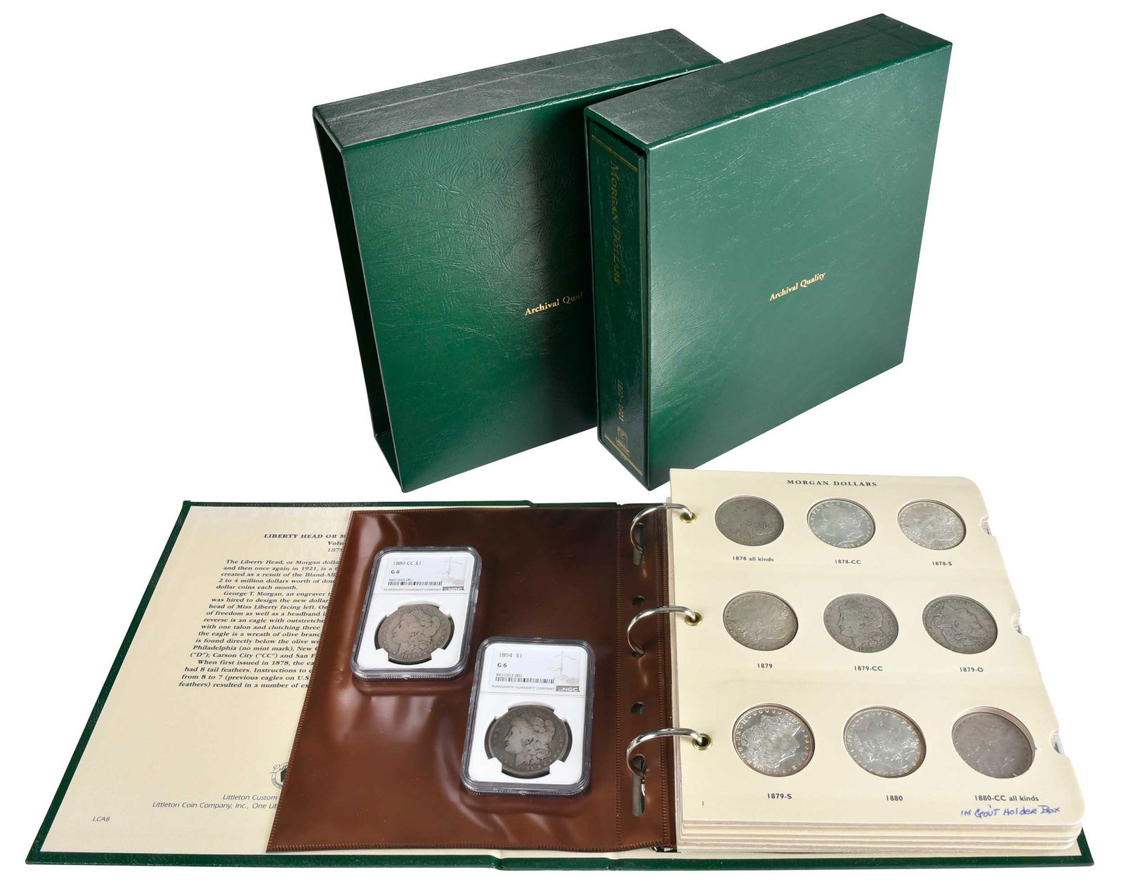 Partial Morgan Dollar Set in Two Albums: Morgan Dollars, 1878-1921, 90 total coins Provenance: Private Collection, Lincolnton, North Carolina missing only: 1880-CC, 1886-S, 1888-S, 1891-CC, 1893-CC, 1893-S, 1895 (proof only), 1902-S, and 190