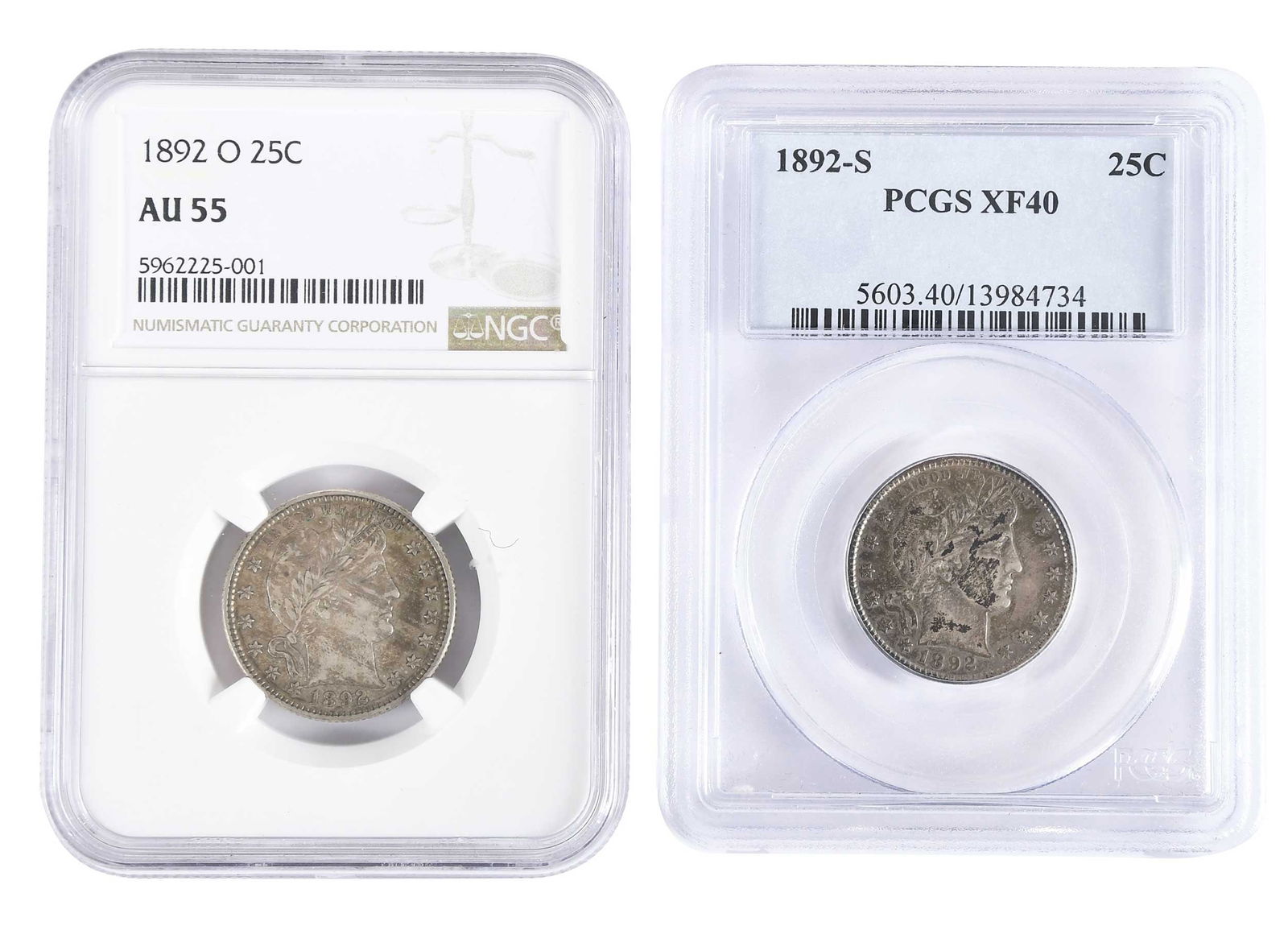 Two 1892 Barber Quarters: S.F. and New Orleans (1 of 4)