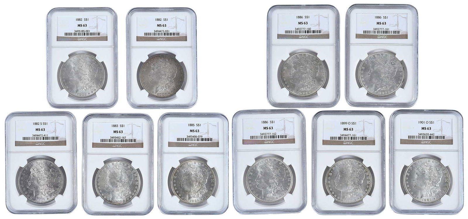 Ten Graded Morgan Dollars, MS63 (1 of 3)