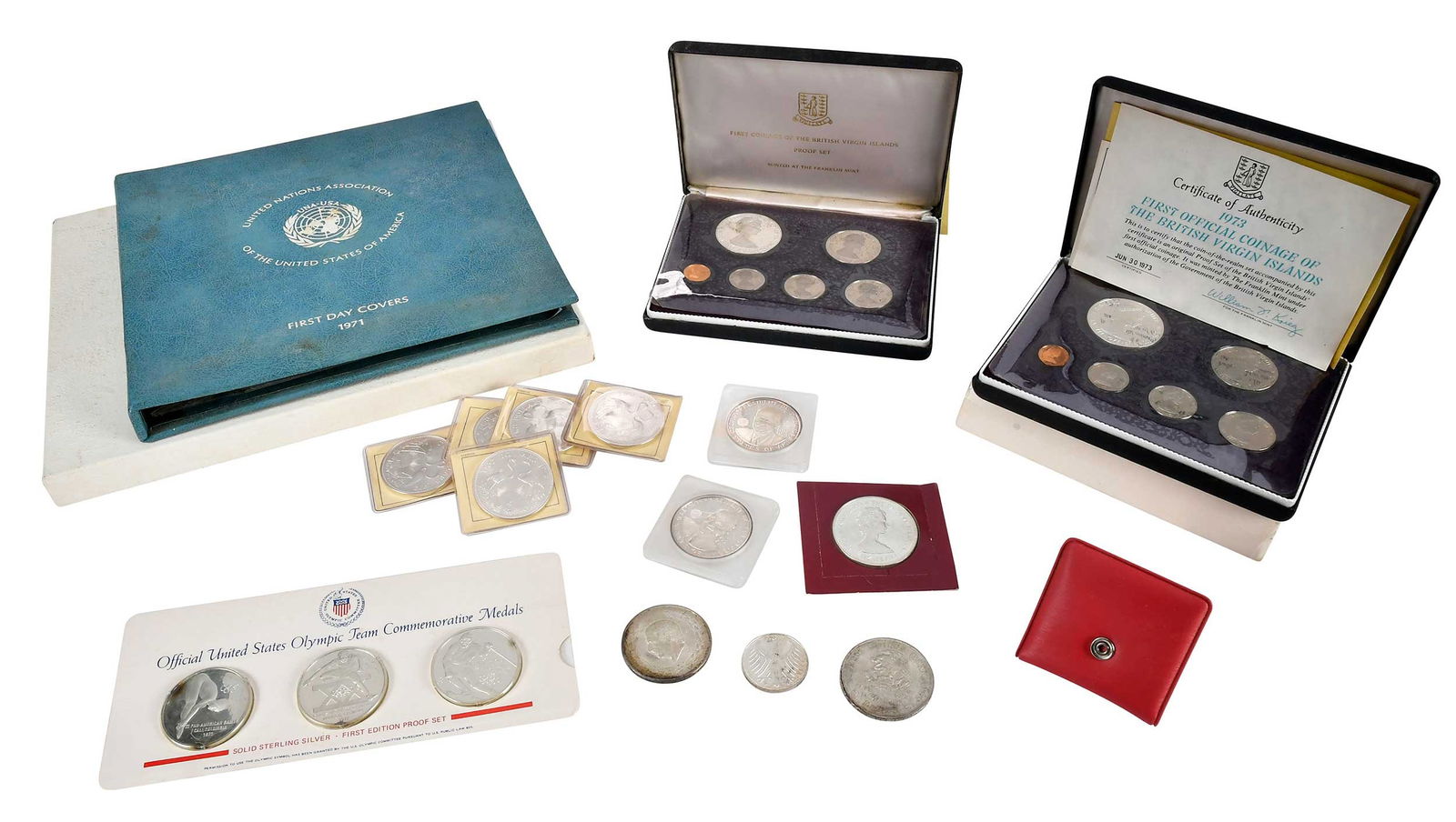 Silver Group, Franklin Mint and Others: six sterling silver 1972 Bahamas $2 "flamingo" coins (one a proof); three sterling medals for 1971-72 Olympics and Pan Am Games; two 1973 British Virgin Island coin sets; 1971 United Nations first day