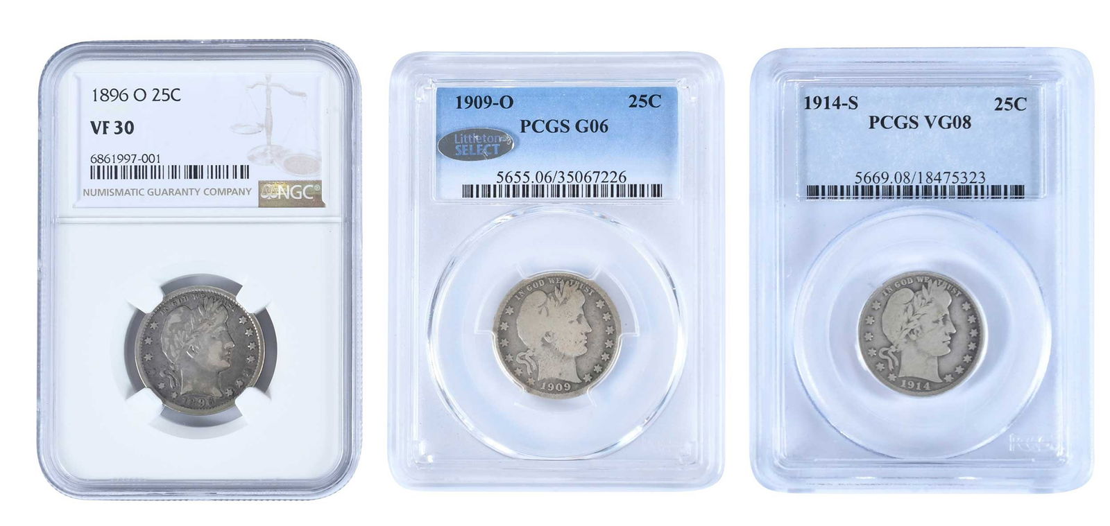 Three Scarce Barber Quarters: 1896-O, 1909-O, and 1914-SProvenance: Private Collection, Lincolnton, North Carolina