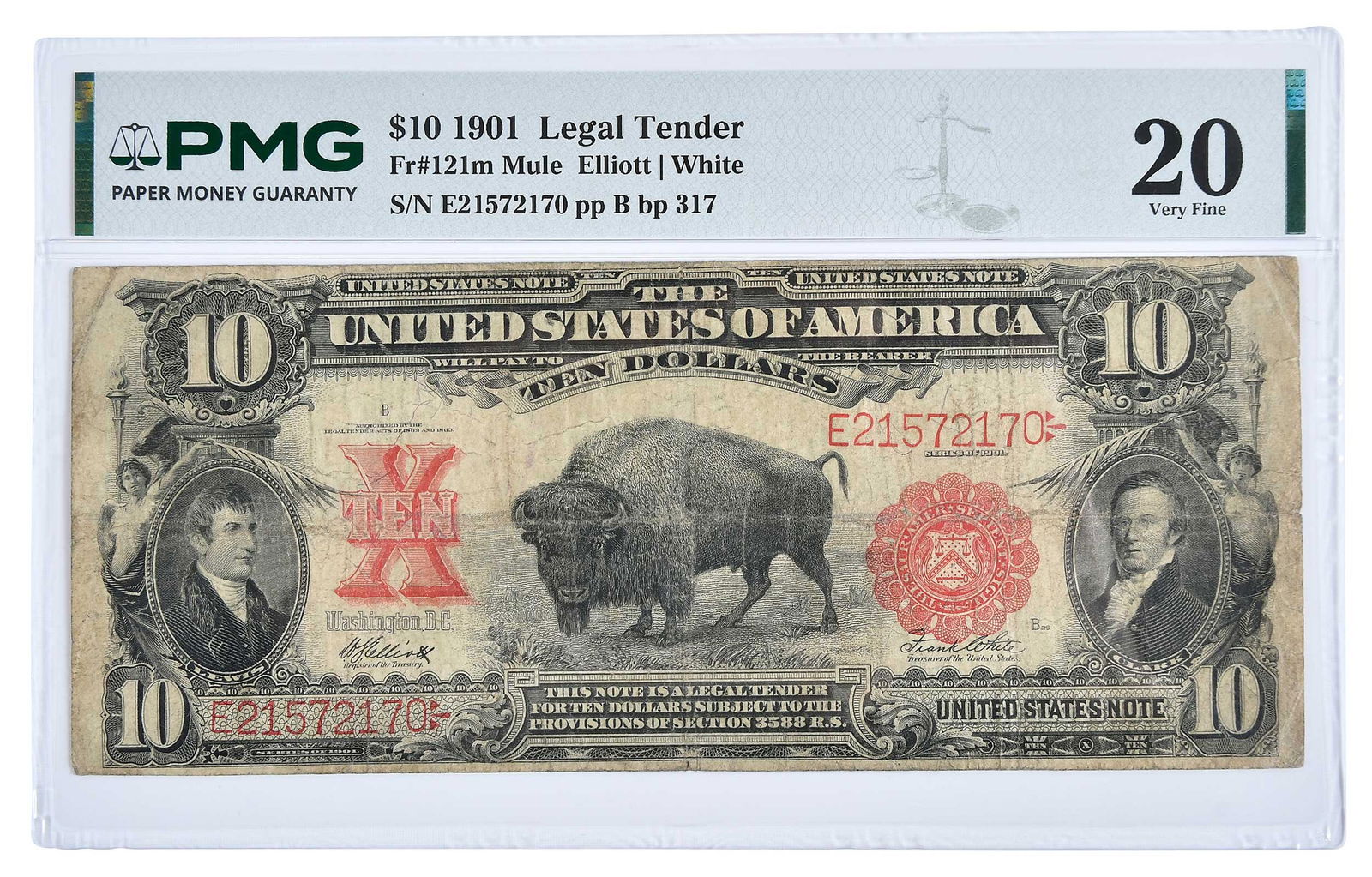 1901 Bison $10 Legal Tender (Mule): Fr. 121m, Elliott and White signatures Provenance: Private Collection, Lincolnton, North Carolina