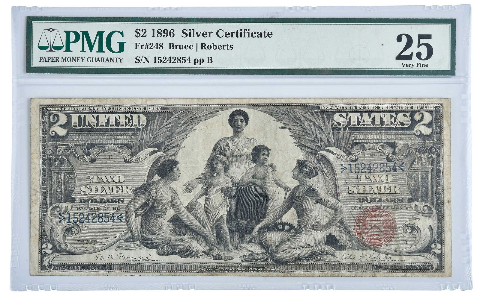 1896 Educational $2 Silver Certificate: Fr. 248, Bruce and Roberts signatures Provenance: Private Collection, Lincolnton, North Carolina