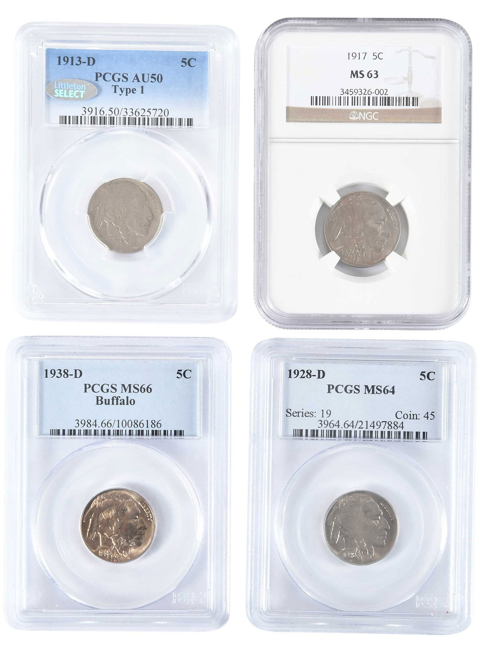 Four Assorted Buffalo Nickels: 1913-D type 1, 1917, 1928-D, and 1938-D Provenance: Private Collection, Lincolnton, North Carolina
