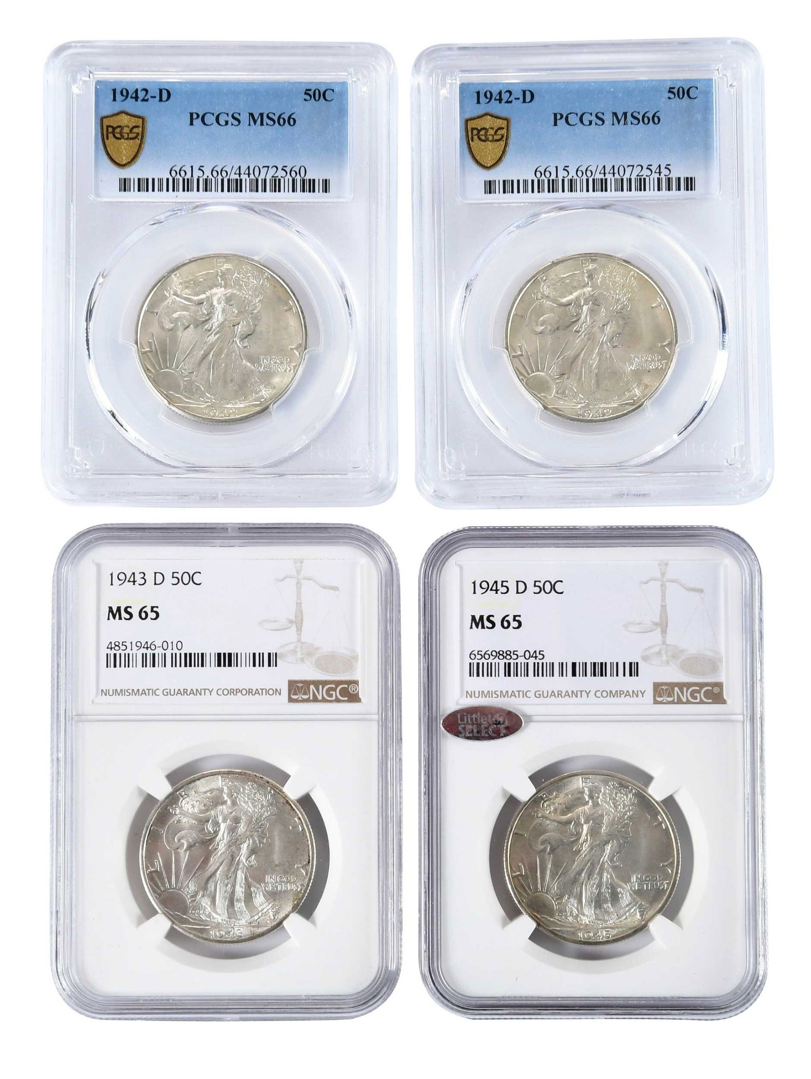 Four High Grade Denver Mint Walking Liberty Half Dollars: 1942-D (x2), 1943-D, and 1945-D Provenance: Private Collection, Lincolnton, North Carolina