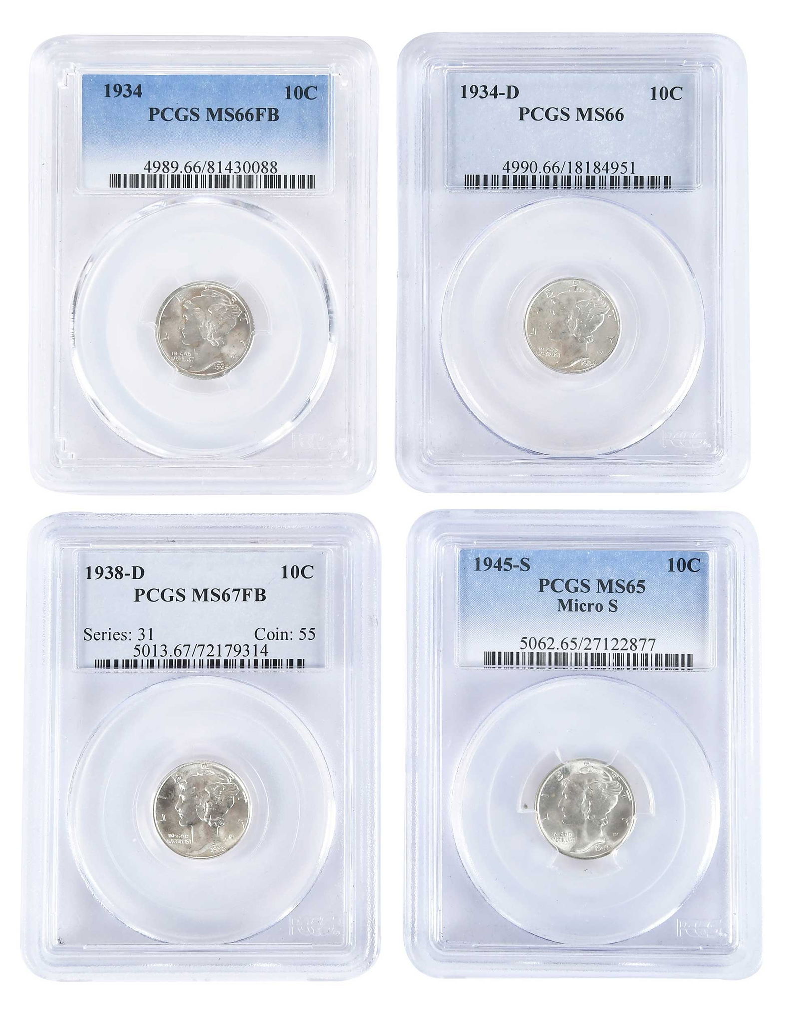 Four High Grade Mercury Dimes: 1934, 1934-D, 1938-D, and 1945-S (micro mintmark) Provenance: Private Collection, Lincolnton, North Carolina