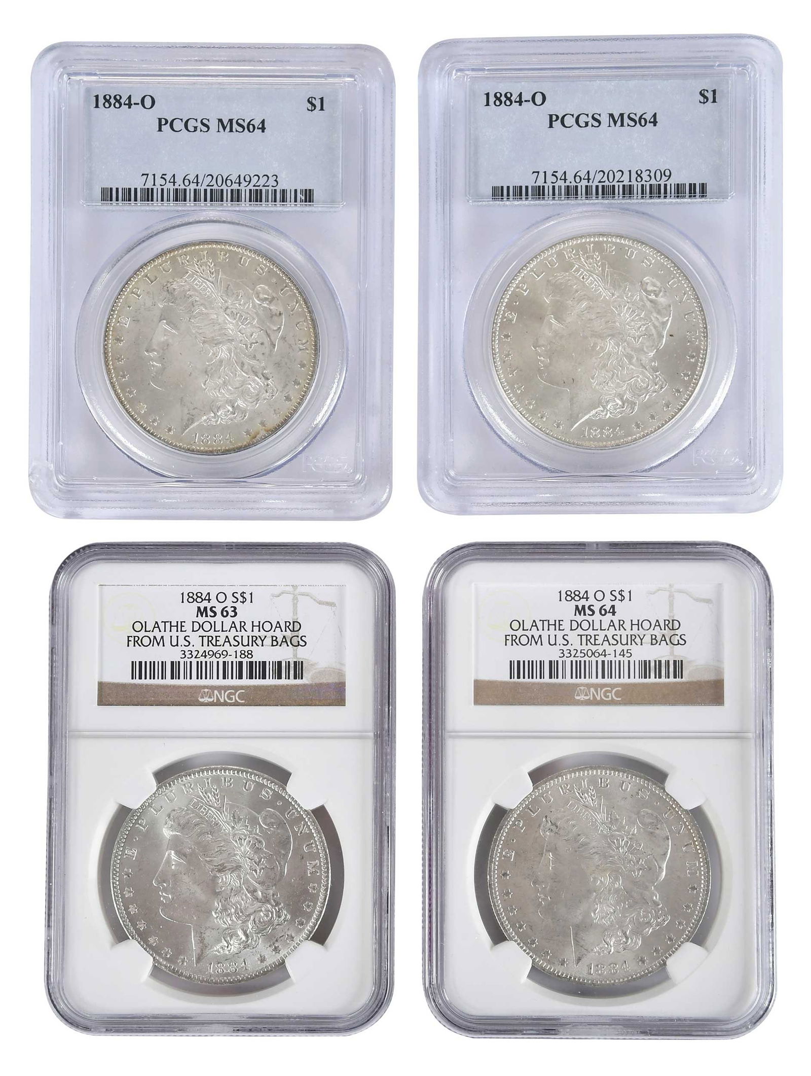 Four 1884-O Morgan Dollars, Two From Olathe Hoard (1 of 2)