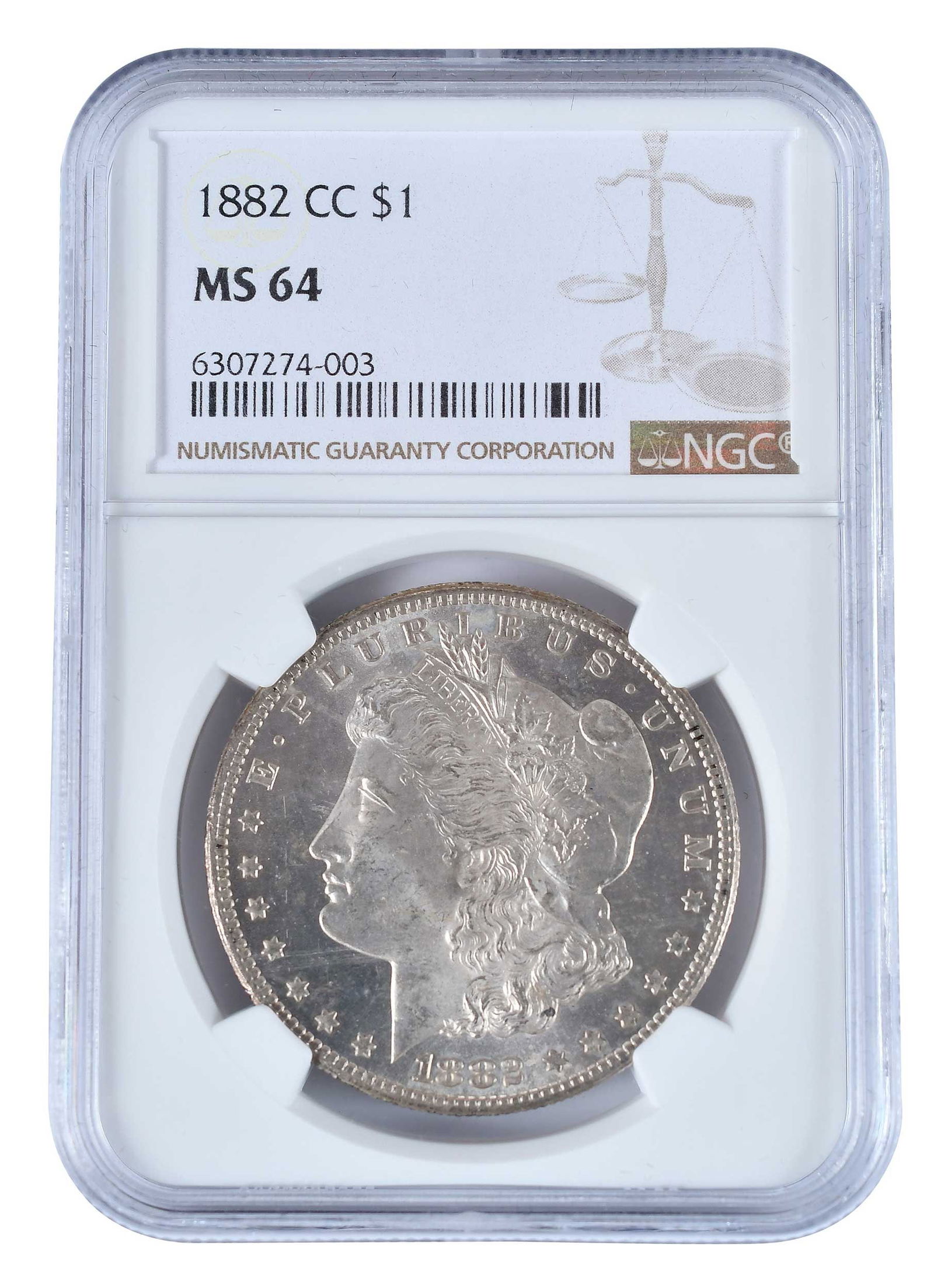 1882-CC Carson City Morgan Dollar: popular Carson City dollar, very likely from the GSA hoard though not marked as such on the label Provenance: Private Collection, Lincolnton, North Carolina