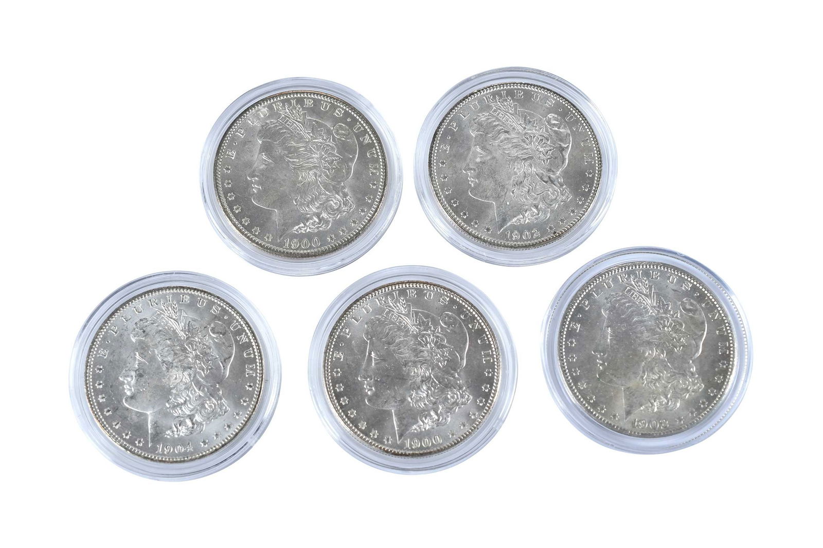 20 Morgan Dollars in Capsules, Uncirculated: dates from 1899 to 1904, assorted mintmarks Provenance: Private Collection