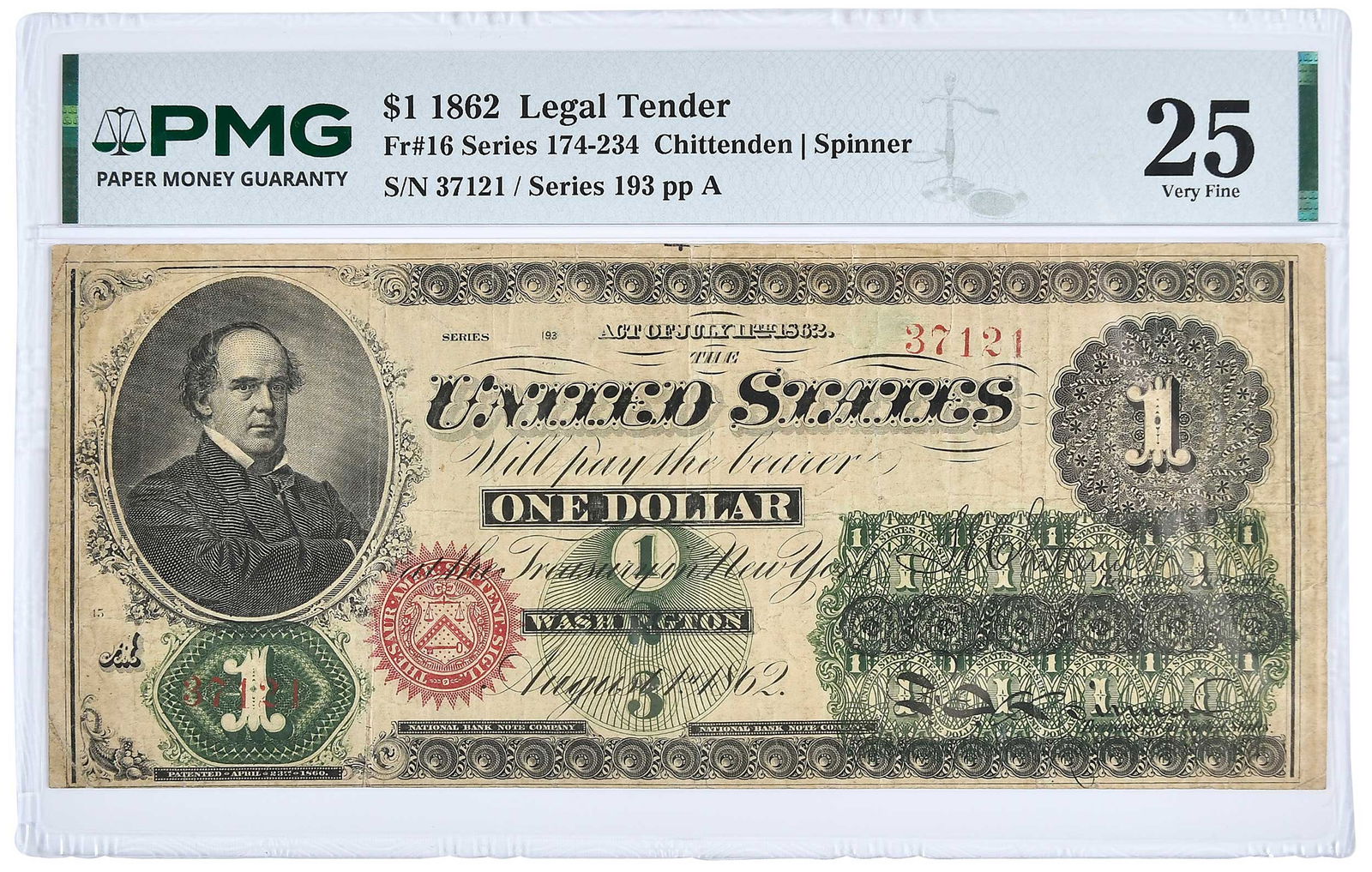 1862 $1 Legal Tender: Fr. 16, series 193, Chittenden and Spinner signatures Provenance: Private Collection, Lincolnton, North Carolina
