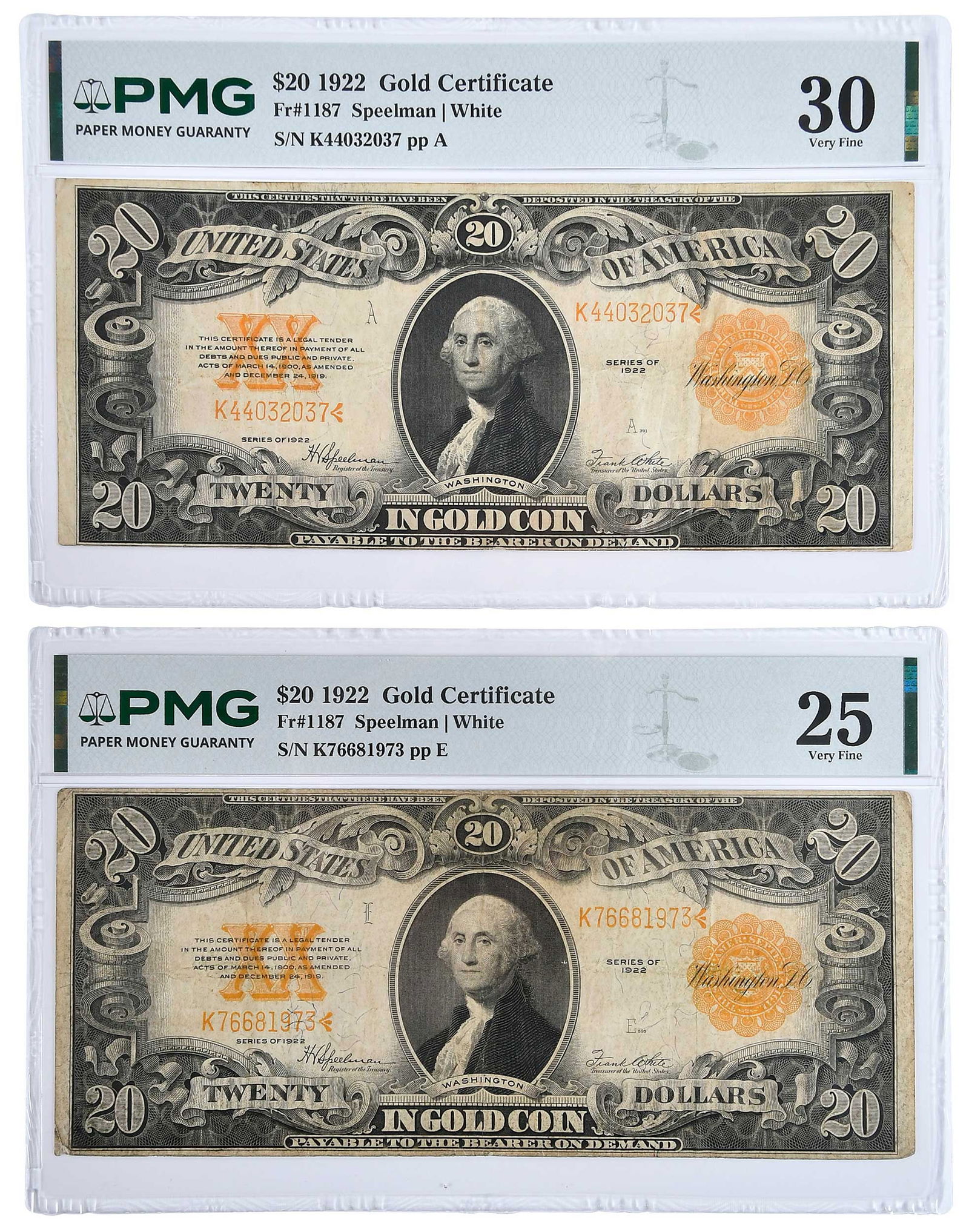Two 1922 $20 Gold Certificates: Fr. 1187, Speelman and White signatures on eachProvenance: Private Collection, Lincolnton, North Carolina