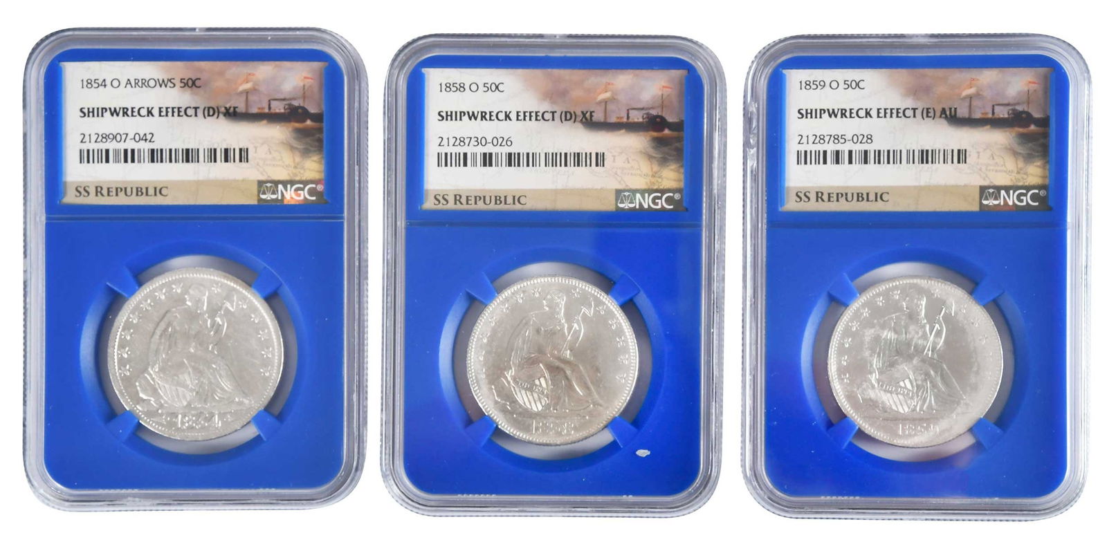 Three New Orleans Mint Seated Half Dollars, S.S. Republic Shipwreck: U.S. seated Liberty half dollars from the Republic shipwreck: 1854, 1858, and 1859Provenance: Private Collection, Lincolnton, North Carolina
