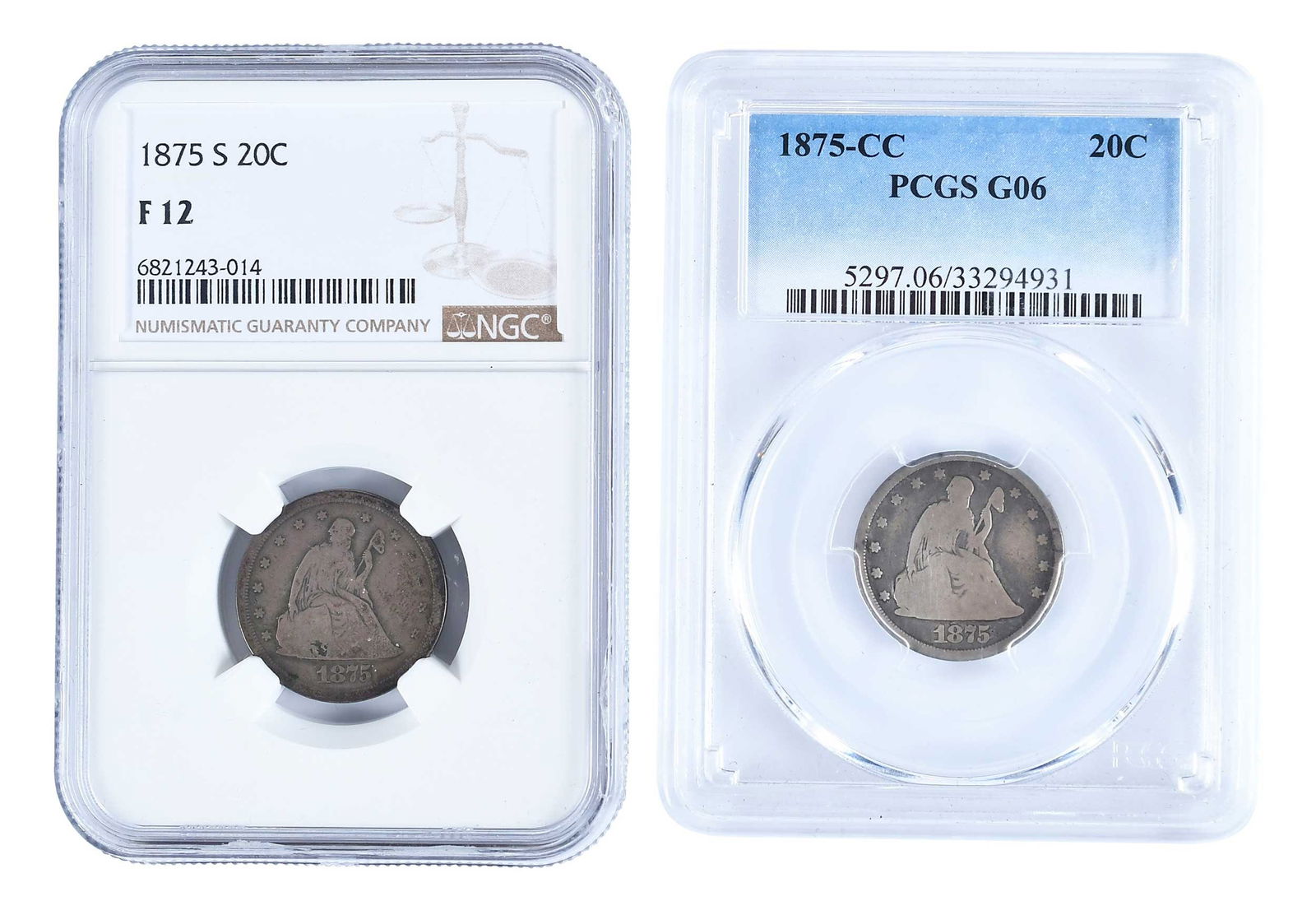 Two 1875 Twenty Cent Pieces: S.F. and Carson City: 1875-S and 1875-CC examples of this obsolete denominationProvenance: Private Collection, Lincolnton, North Carolina