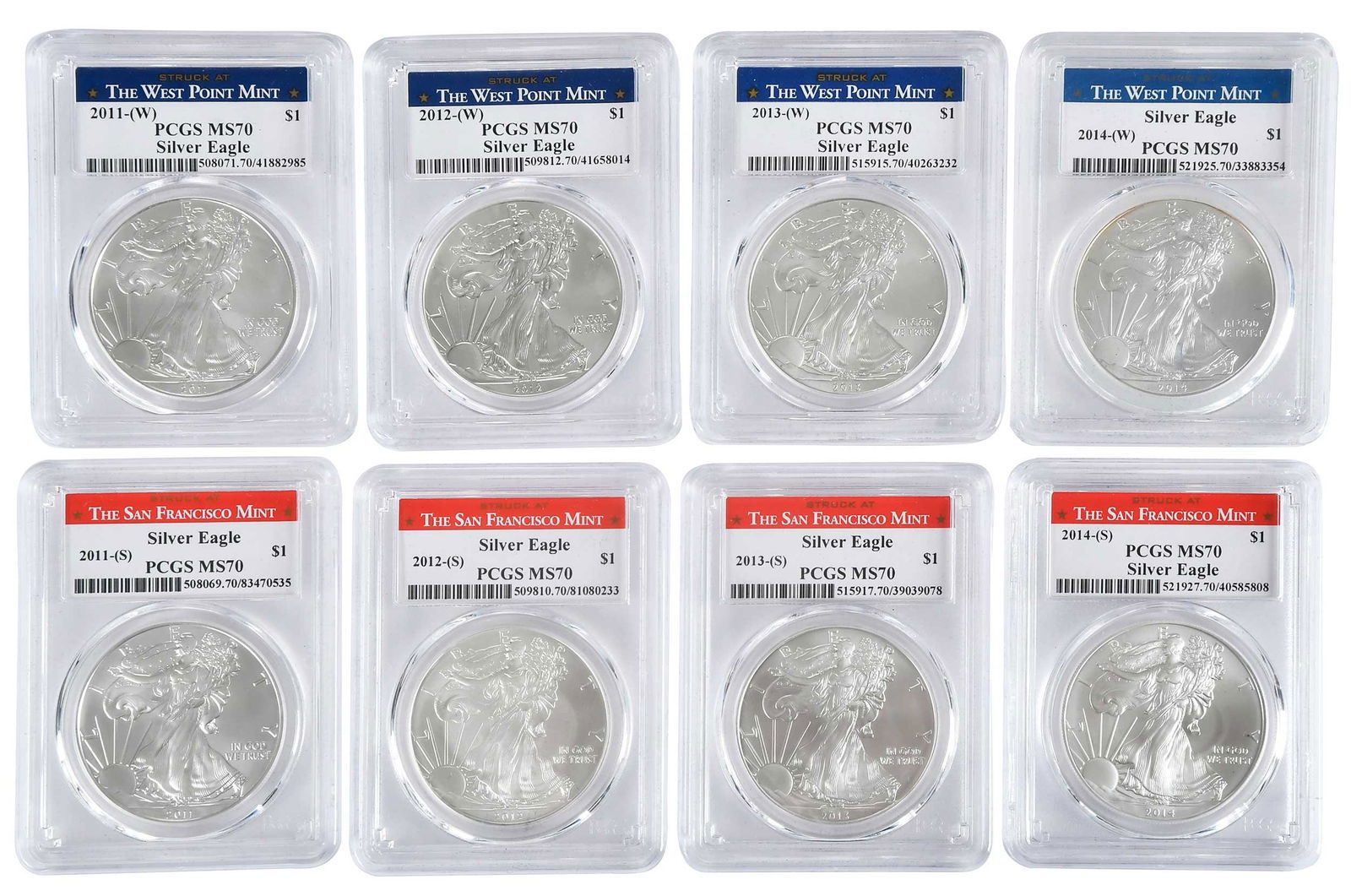 Eight Graded American Silver Eagles: 2011 through 2014, from West Point and San Francisco Mints (sans mintmarks)Provenance: Private Collection, Lincolnton, North Carolina