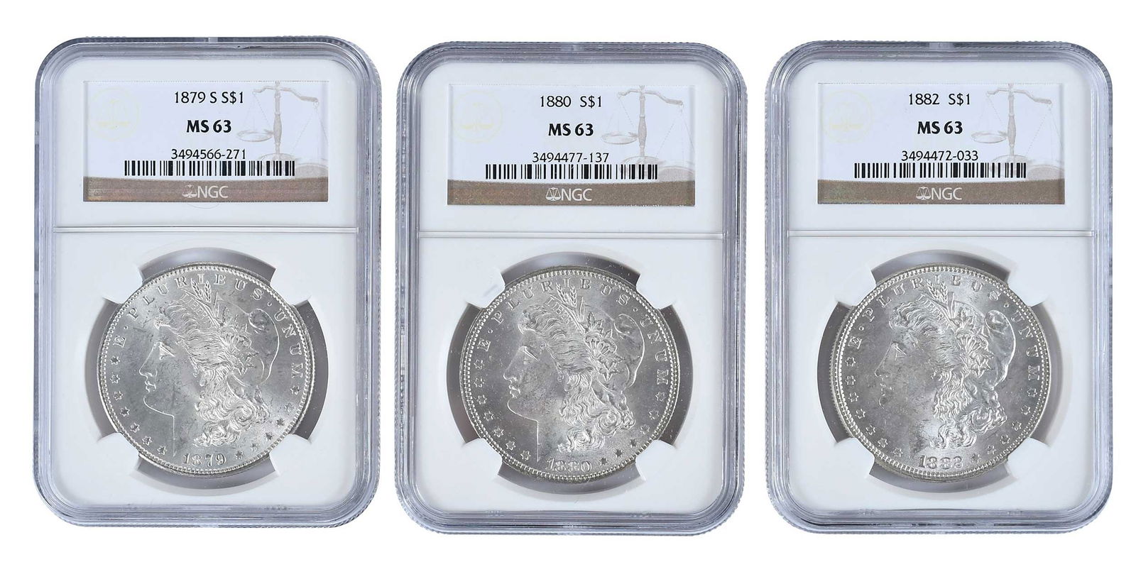 20 Graded Morgan Dollars, MS63: no duplicates: 1879-S, 1880, 1880-S, 1882, 1882-S, 1882-O, 1883, 1884, 1885, 1885-O, 1886, 1887, 1888-O, 1897, 1898, 1898-O, 1899-O, 1900, 1900-O, 1901-OProvenance: Private Collection