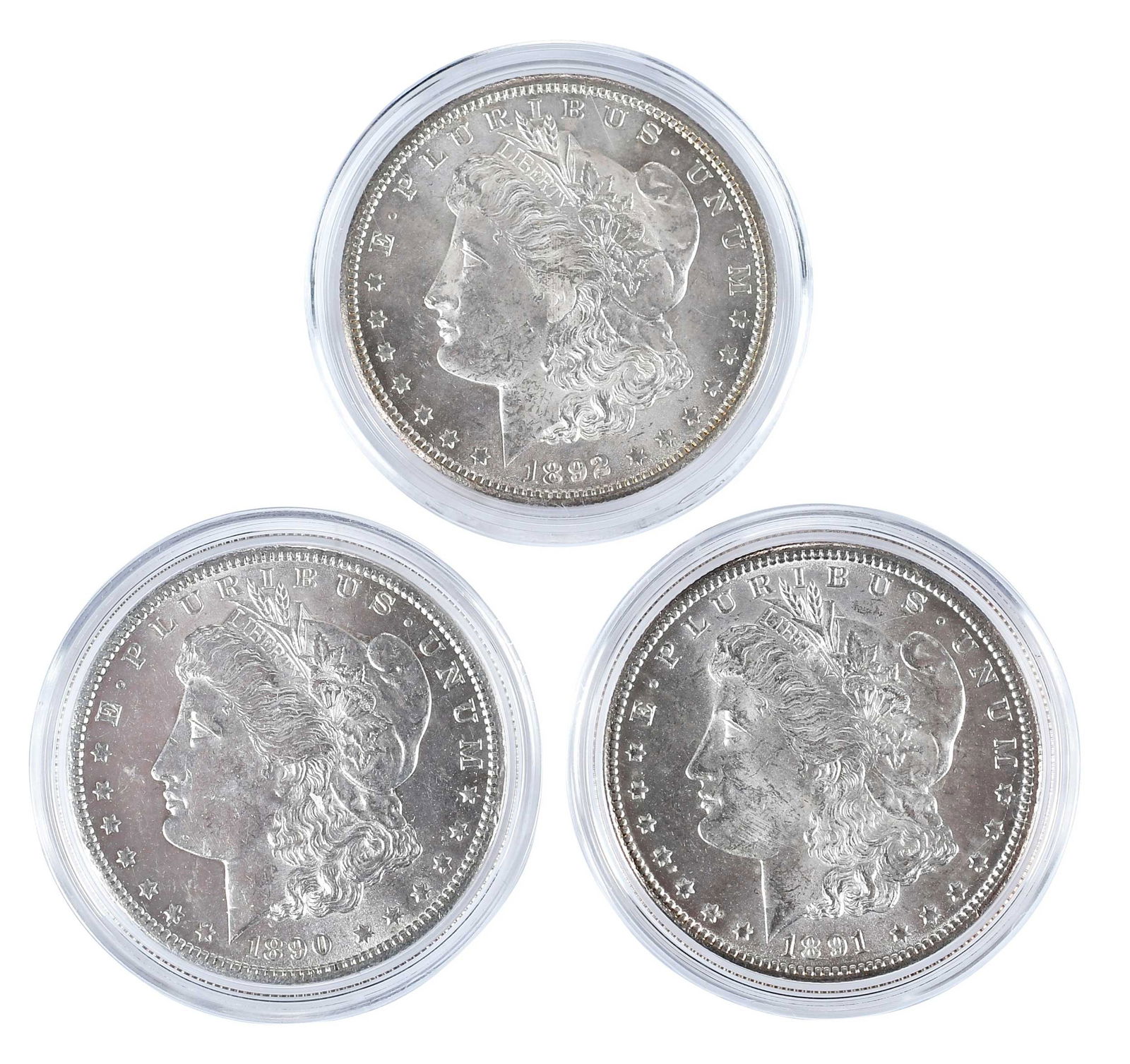 1890, 1891, 1892 Carson City Morgan Dollars in Capsules: Carson City dollars Provenance: Private Collection