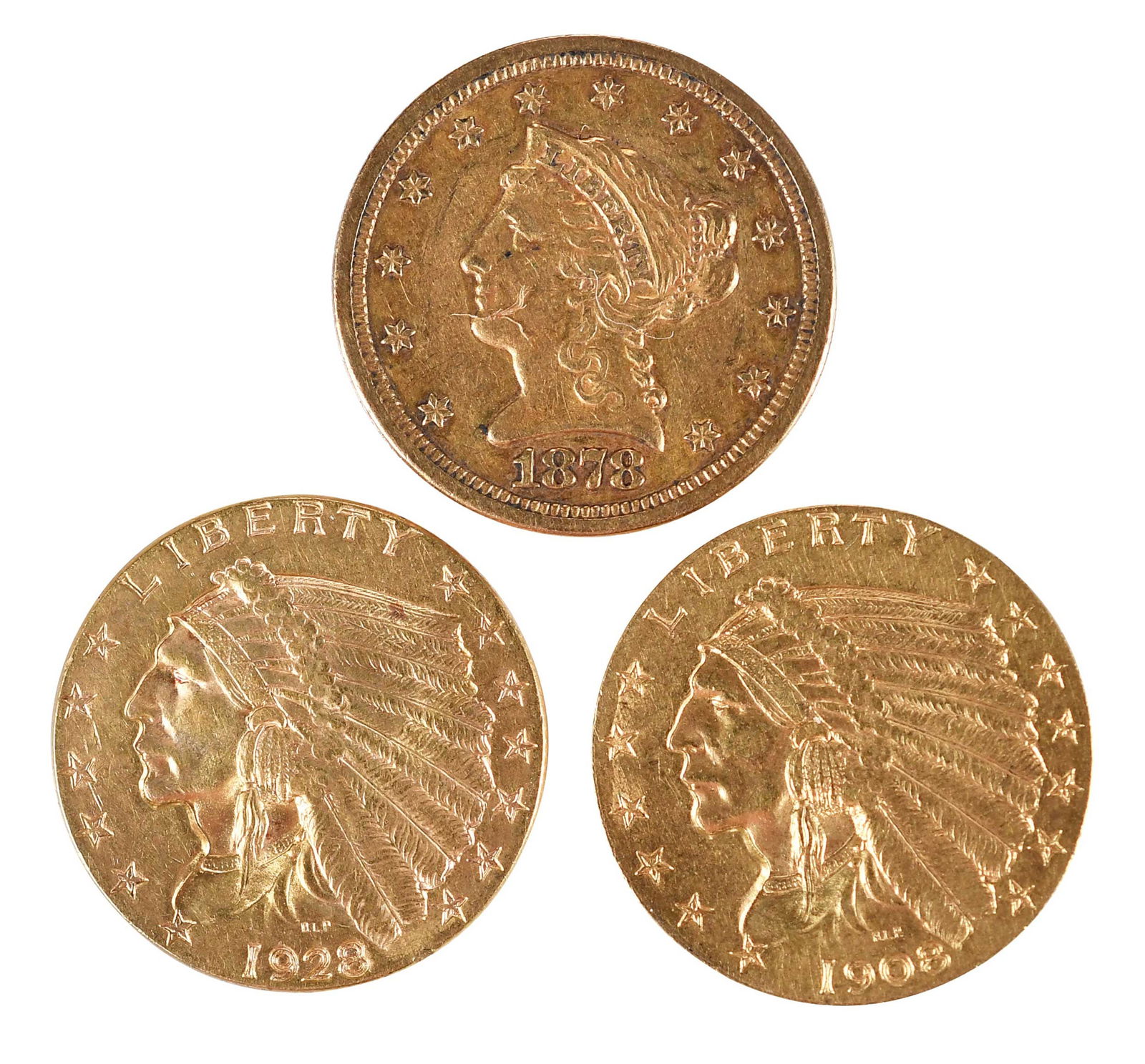 Three Quarter Eagle $2.50 Gold Coins: Liberty: 1878-S; Indian: 1908 & 1928Provenance: Private Collection, Lincolnton, North Carolina