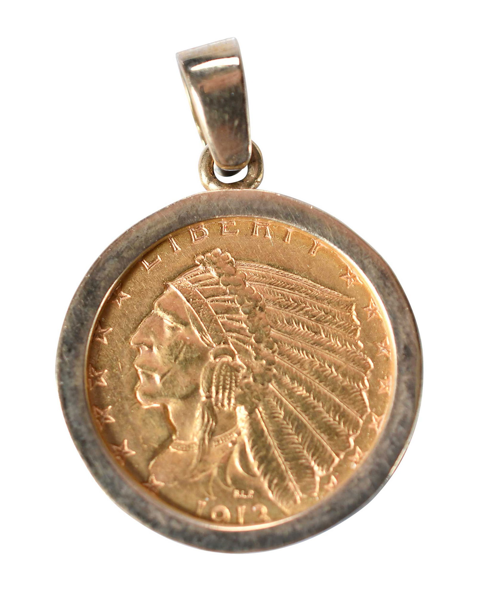 Indian Head Quarter Eagle in Bezel: 1913 dated quarter eagle in jewelry bezelProvenance: Estate of Linda Sargent Thompson, Historic Sesame Lodge, North Augusta, South Carolina