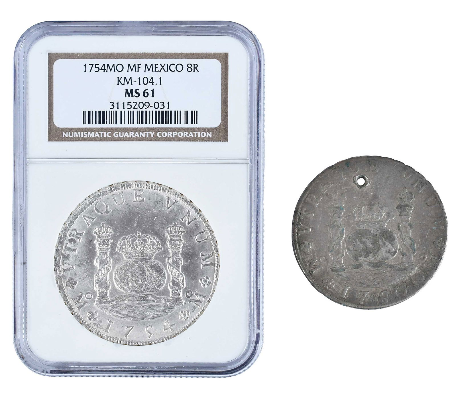 1754 and 1760 Pillar Eight Reales: 1754 Mexico City Mint eight reales, MF assayer; 1760 eight reales, MM assayer Provenance: Private Collection