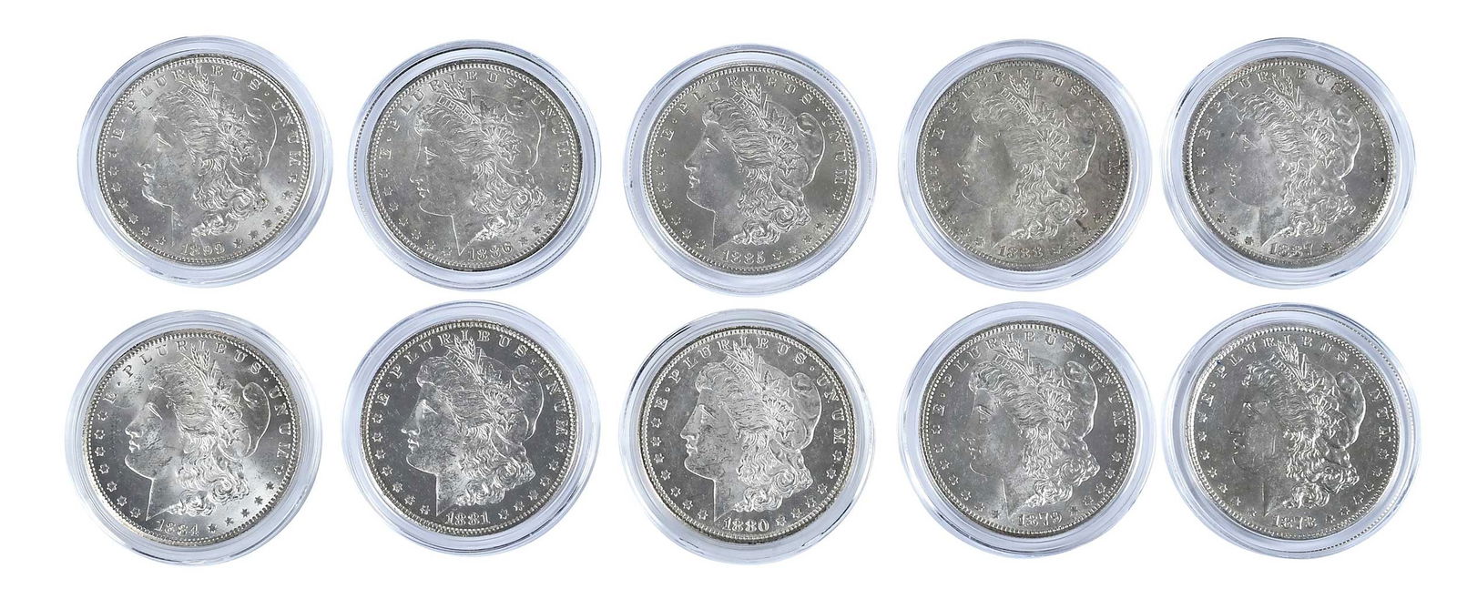 Ten Better Date Morgan Dollars in Capsules: 1878 7/8 tailfeathers, 1879-O, 1880-S, 1881-O, 1884-CC, 1885-S, 1886-S, 1887-S, 1888-S, and 1899 Provenance: Private Collection