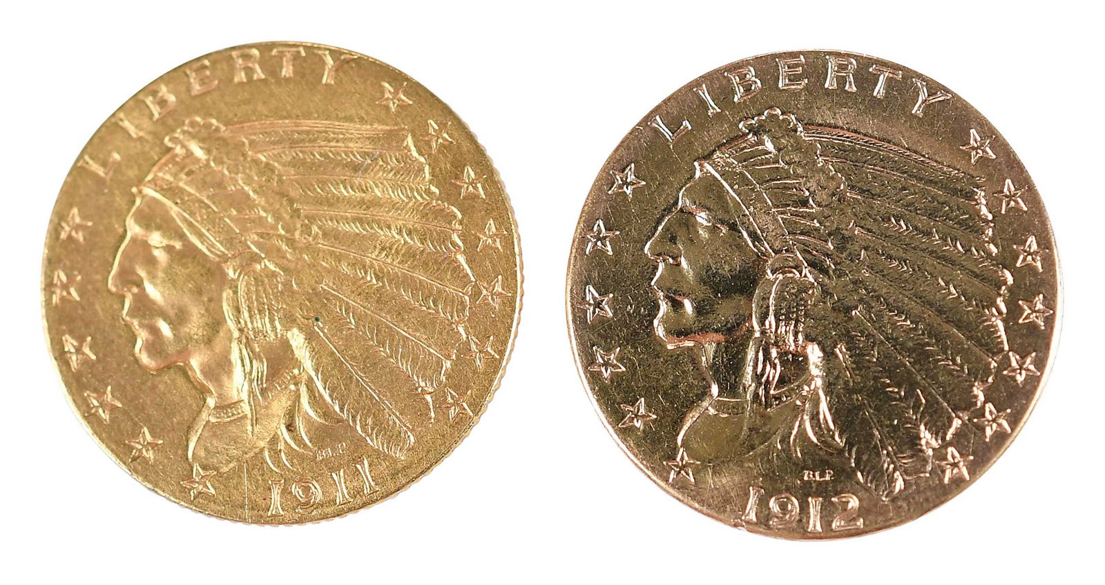Two Indian Quarter Eagle $2.50 Gold Coins: 1911 &1912 (1 of 2)