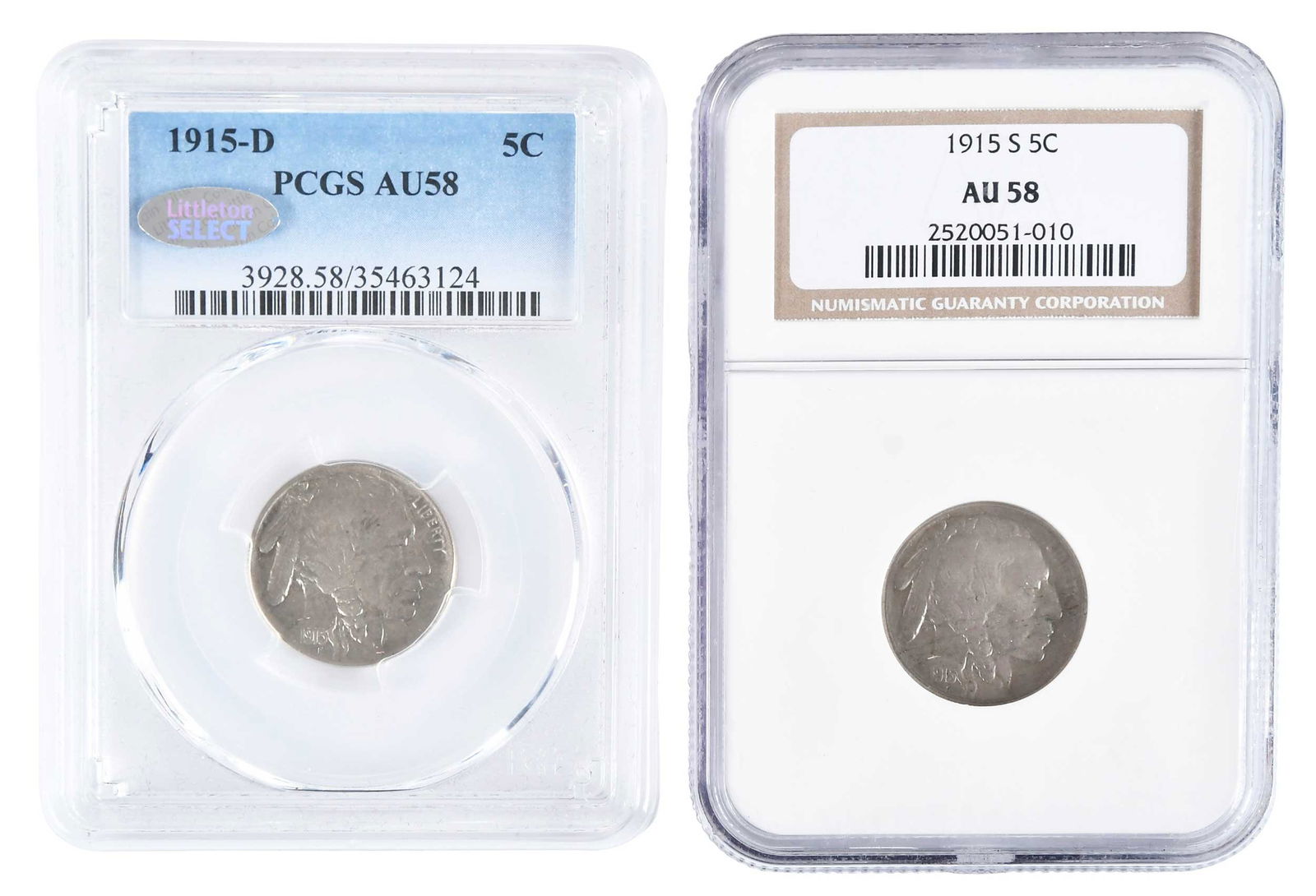 Two 1915 Dated Buffalo Nickels, D & S: Denver and San Francisco releases for the date 1915 Provenance: Private Collection, Lincolnton, North Carolina
